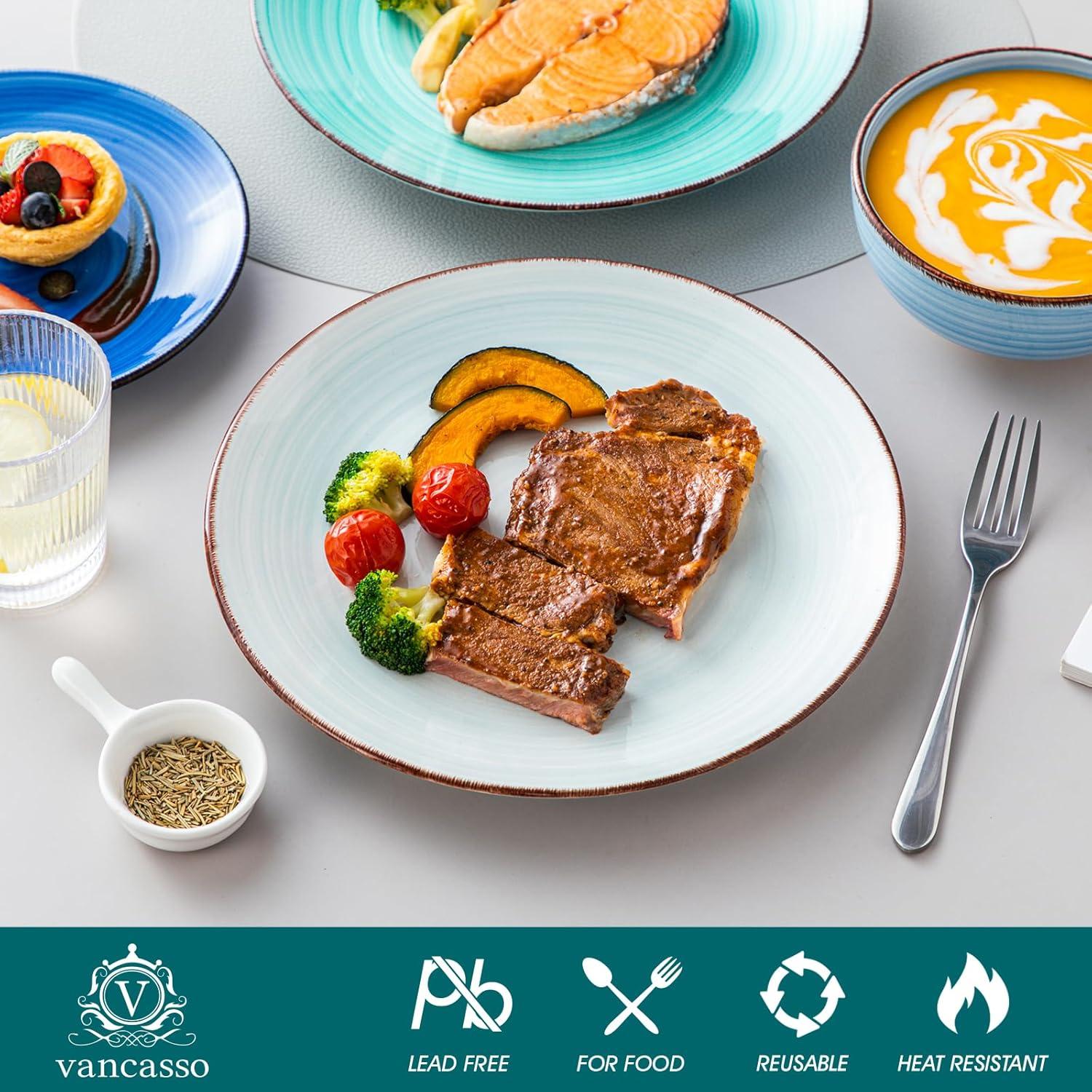 Bonita Blue Dinnerware Sets, Plates and Bowls Set for 4, 12 Pieces Stoneware Dinnerware Set, Dishwasher and Microwave Safe