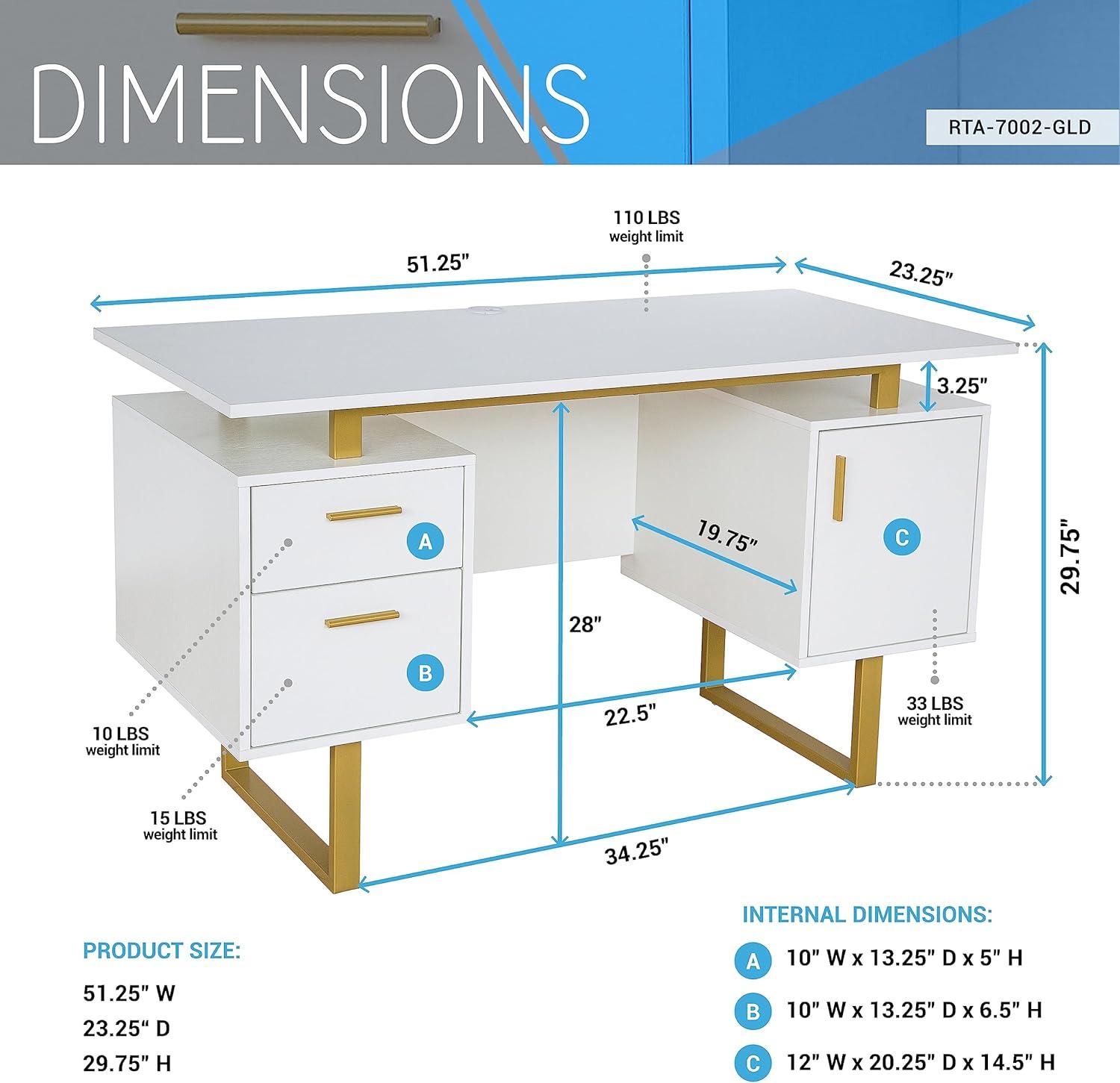 Techni Mobili Modern Adult Office Desk with Drawers and Storage, 51.25”W, White/Gold RTA-7002-GLD