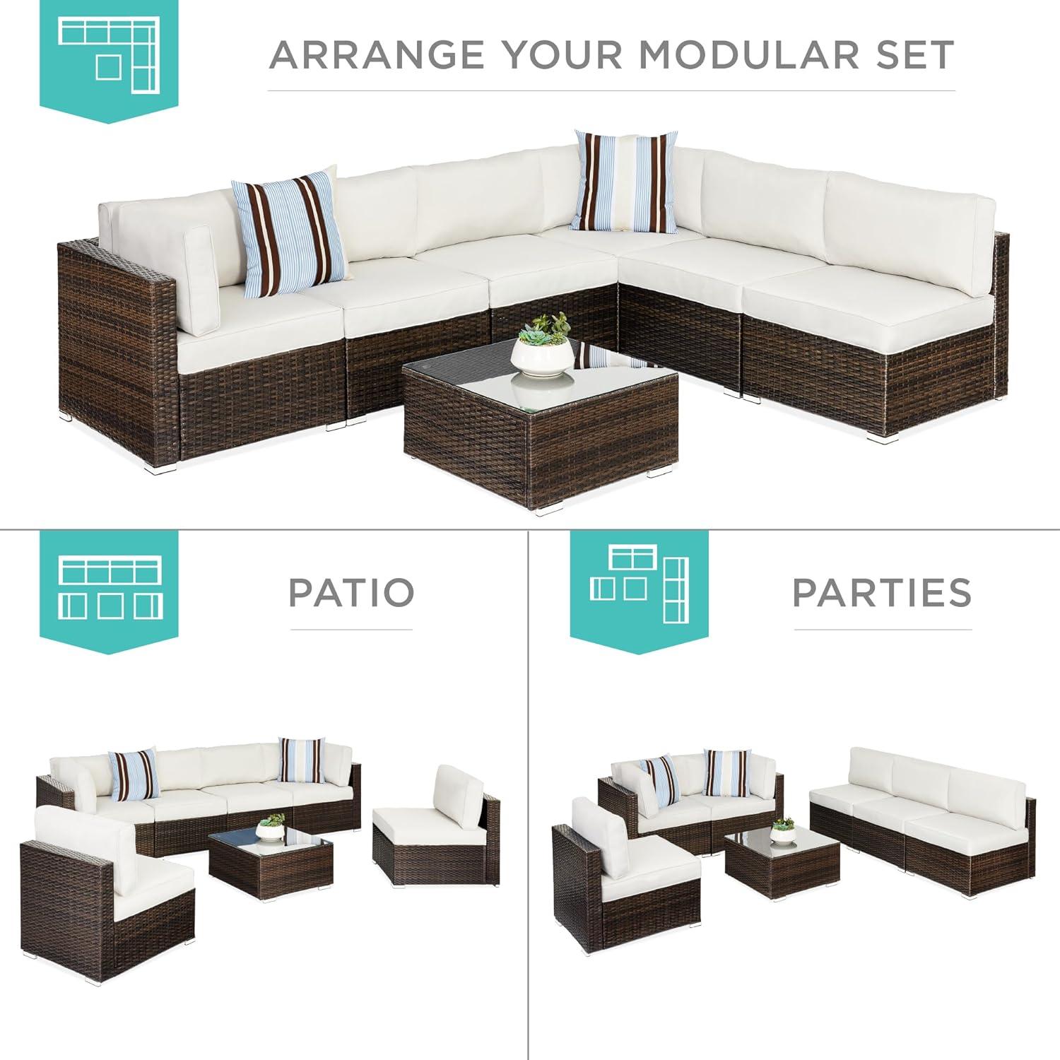 7-Piece Brown Wicker Outdoor Sectional Set with White Cushions