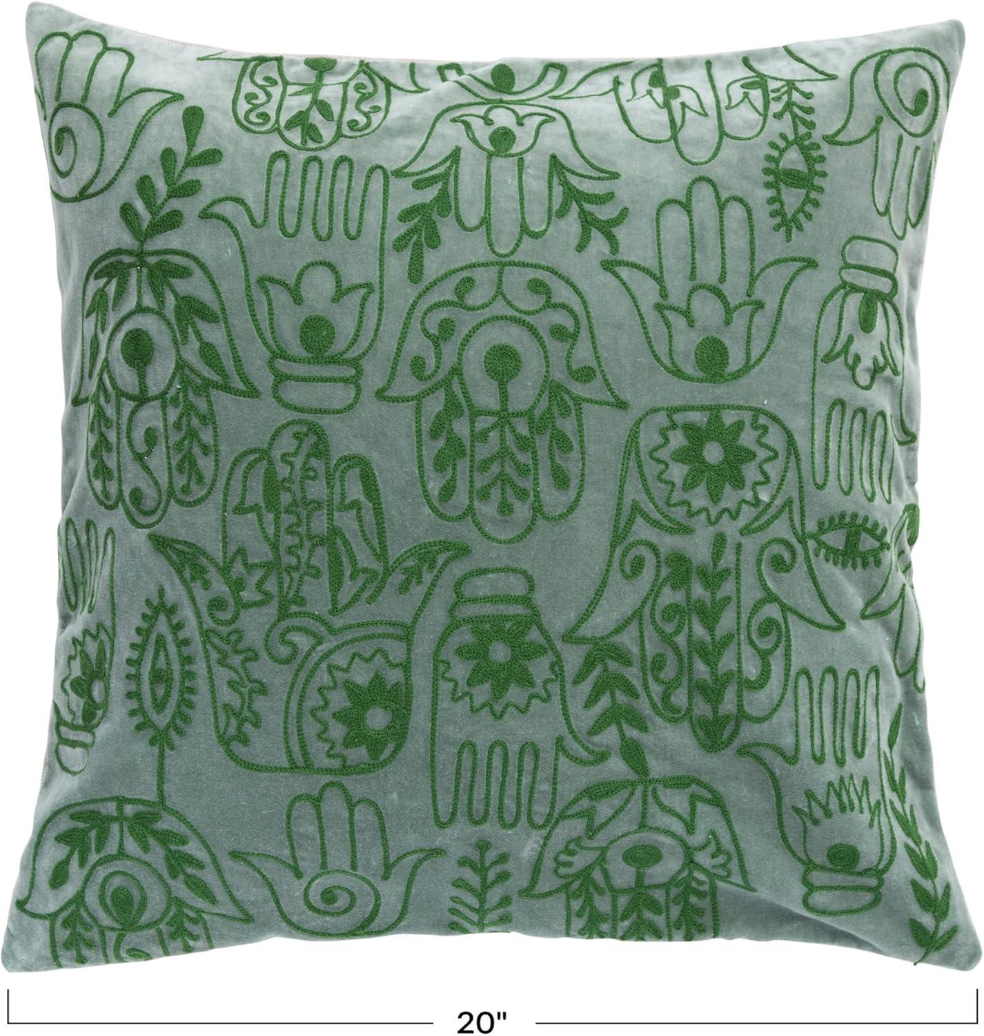 Creative Co-Op Cotton Velvet Throw Pillow with Hamsa Hand Embroidery, Forest Green