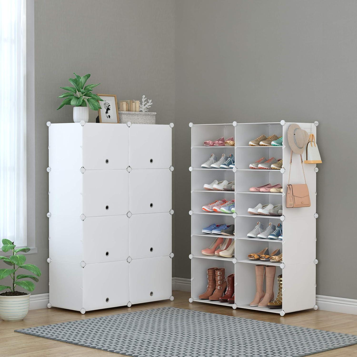 Shoe Rack, 8 Tier Shoe Storage Cabinet with Door, 32 Pair Shoe Organizer Shelves for Closet Hallway Bedroom Entryway, White