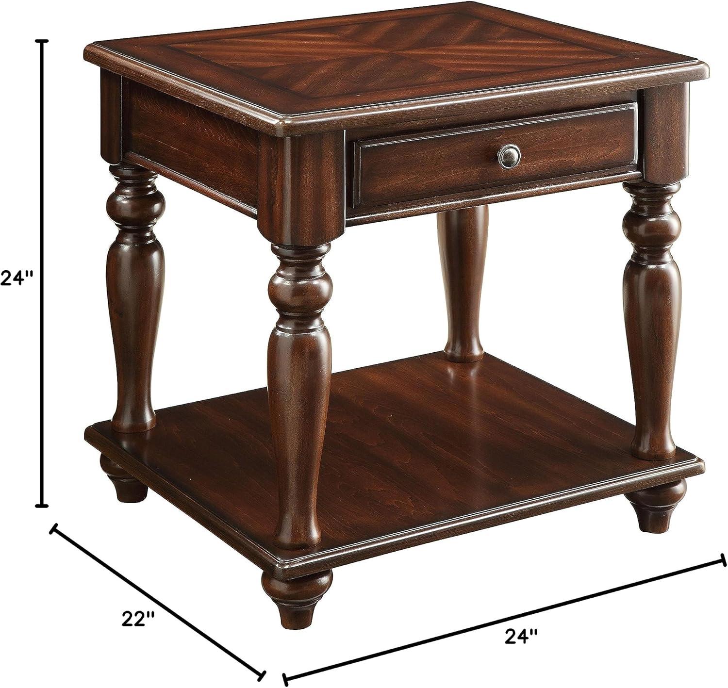 Walnut Brown Wooden End Table with Drawer and Shelf