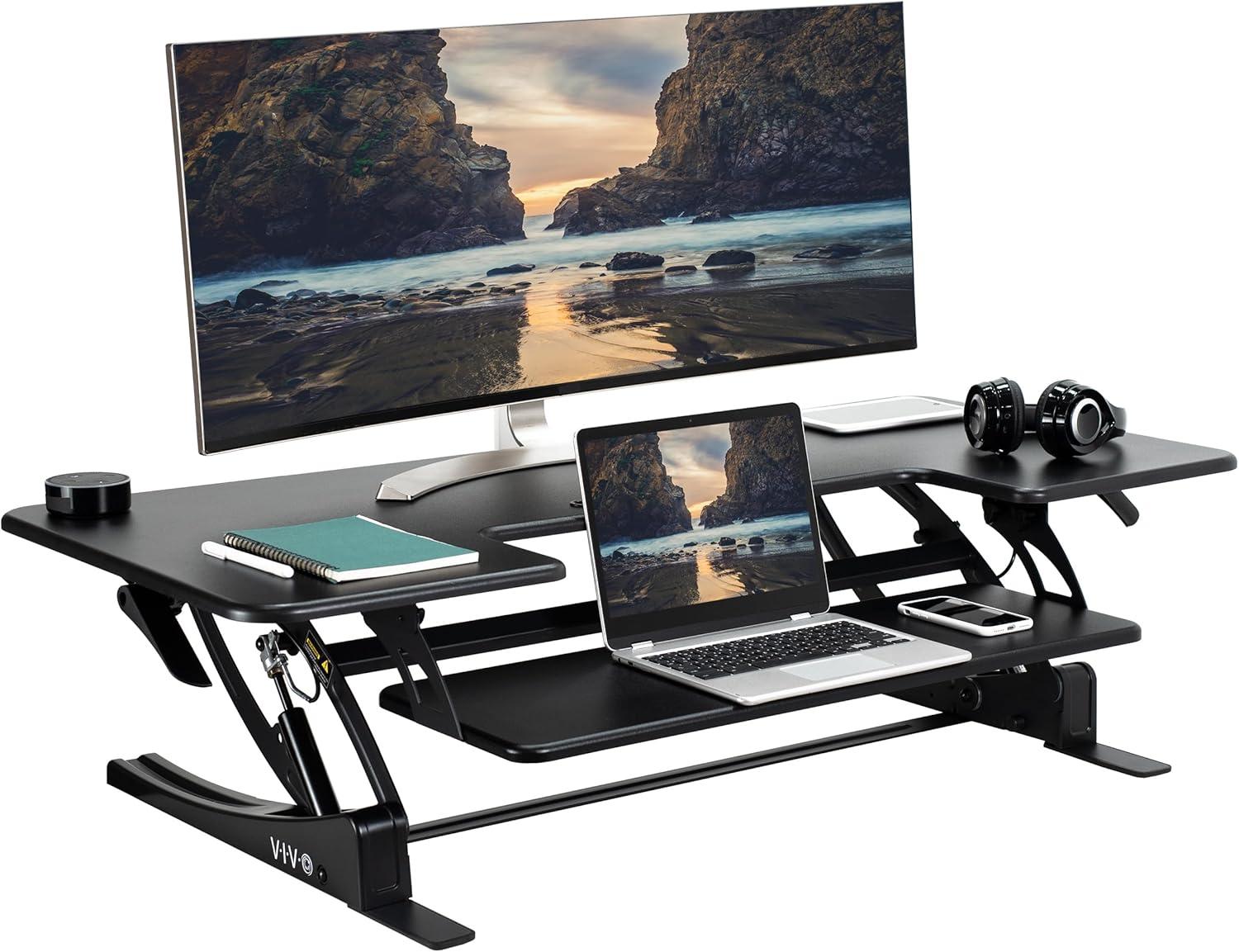 VIVO Black 48" Height Adjustable Standing Desk Monitor Riser, Sit Stand Tabletop