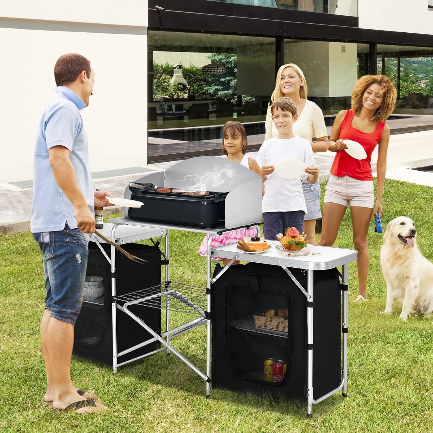 Black Aluminum Folding Camping Kitchen Table with Storage and Windscreen