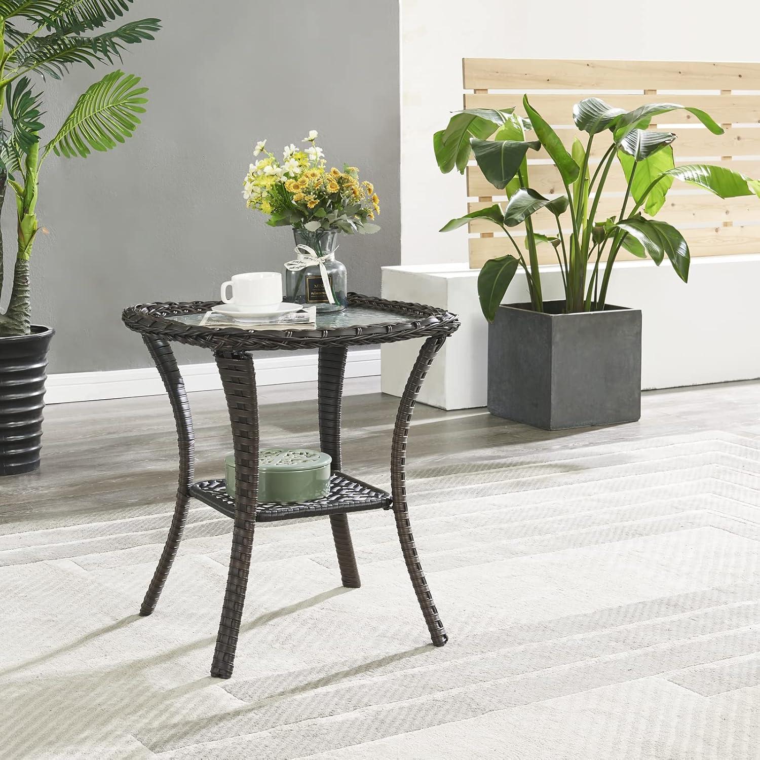 Brown Square Wicker Outdoor Glass Side Table