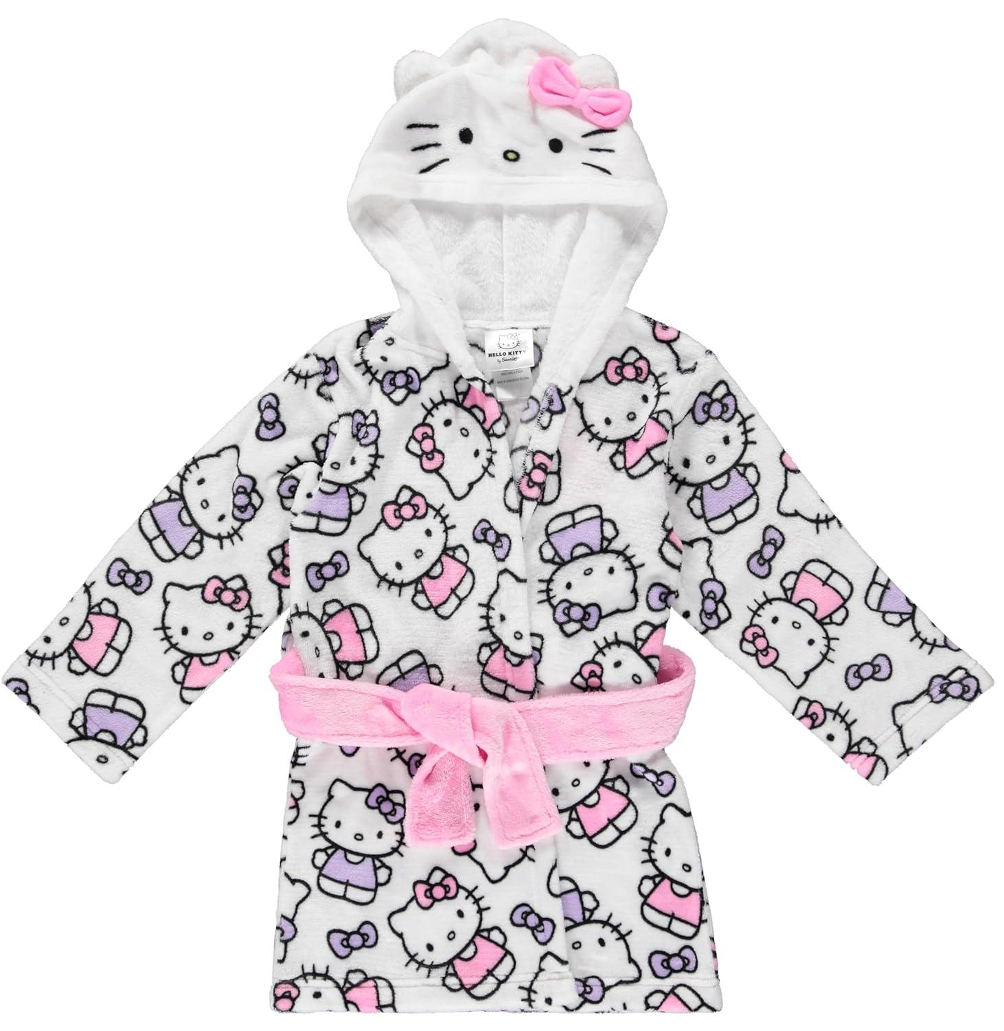 Hello Kitty Girls Fleece Kids Hooded Robe - Super Soft Plush Kids Spa Bathrobe with Pockets, Sizes 4-10 - Official Product