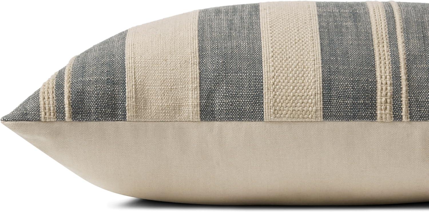 Ivory and Denim Striped Cotton Lumbar Pillow Cover 13'' x 21''