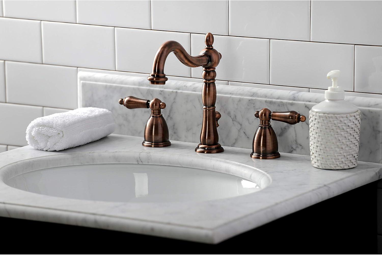 Kingston Brass Heritage Two-Handle 3-Hole Deck Mount Widespread Bathroom Faucet with Brass Pop-Up Drain