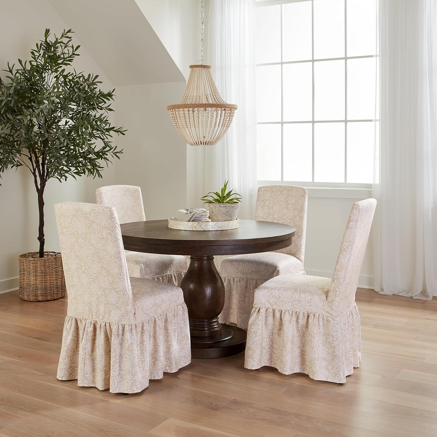 Neutral Floral Cotton Twill Ruffled Dining Chair Slipcover