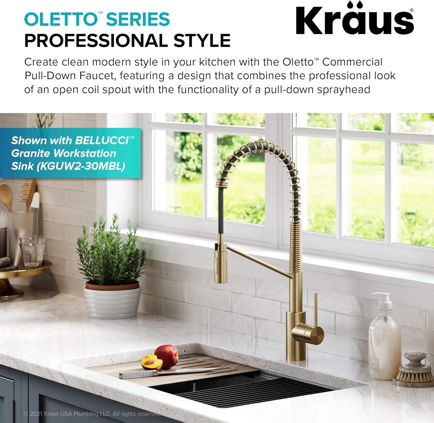 KRAUS Oletto Commercial Style Single Handle Pull Down Kitchen Faucet with QuickDock Top Mount Installation Assembly