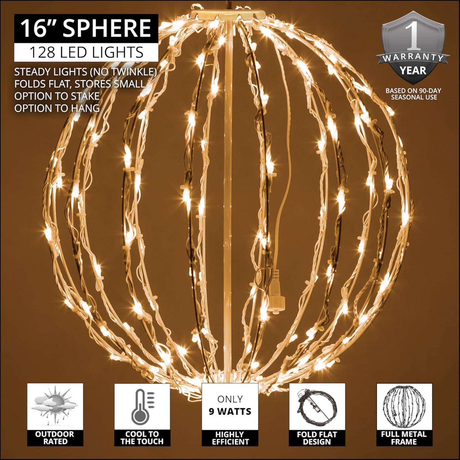 LED Light Ball - Indoor/Outdoor Christmas Light Balls, Light Spheres Outdoor/Sphere Light Fold Flat Metal Frame (16", White Frame/Warm White Lights)
