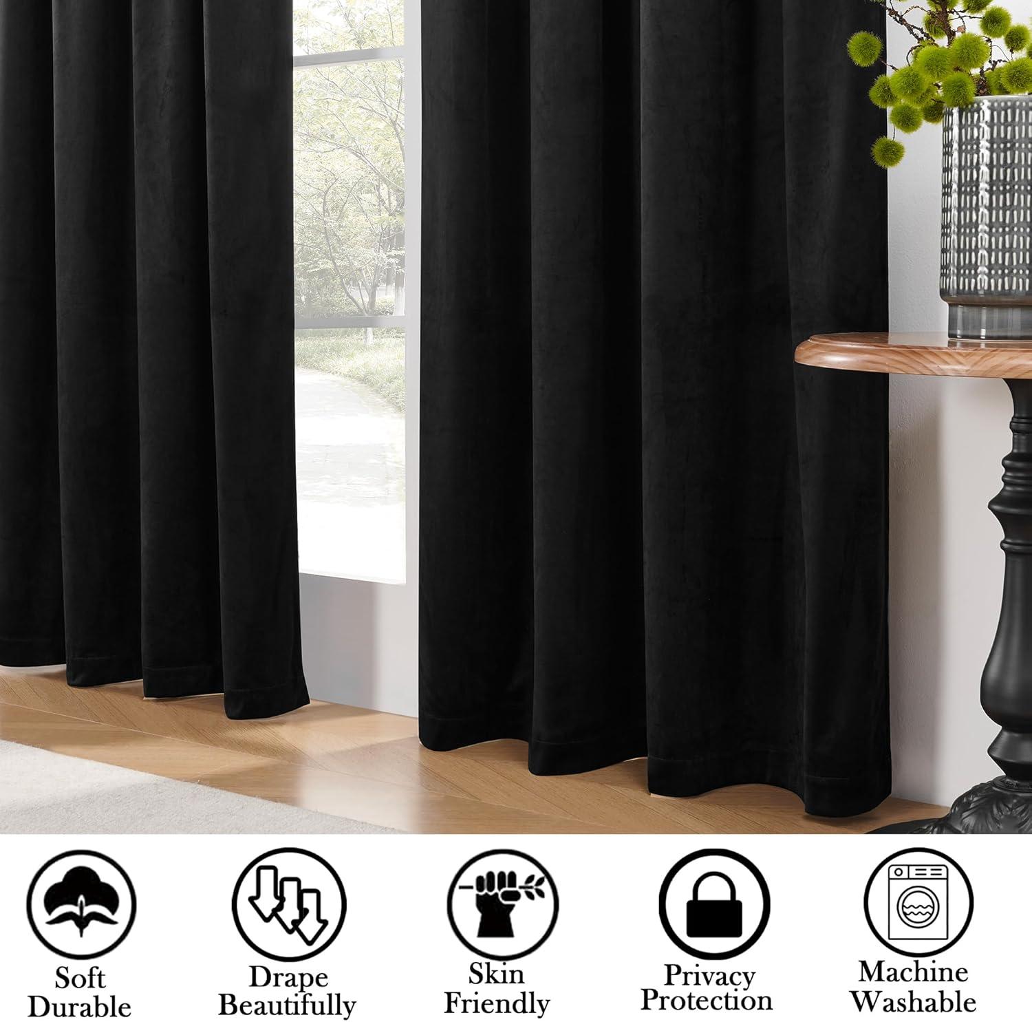 JIUZHEN Black Velvet Curtains for Living Room -96 inches Long Rod Pocket Thermal Insulated Room Darkening Window Drapes for Bedroom, Set of 2 Panels with Tiebacks, 52 x 96 inches