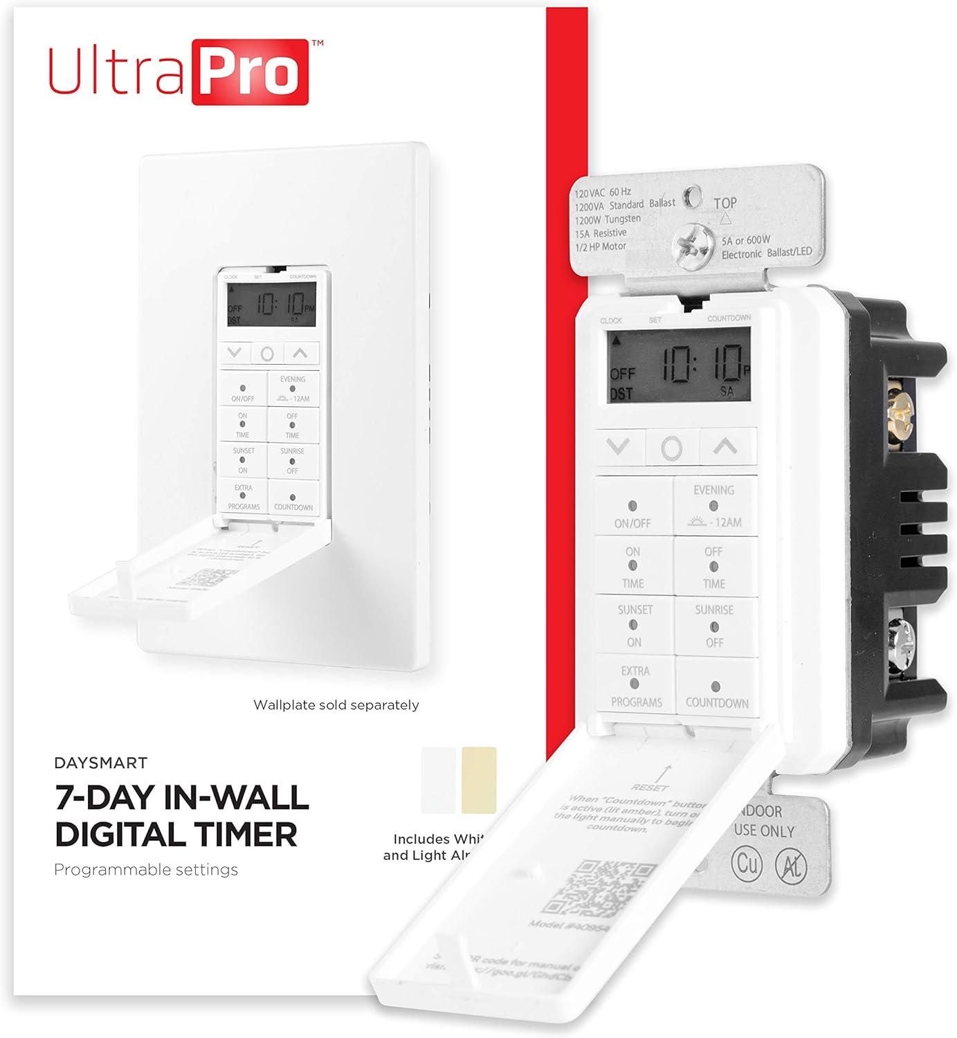 UltraPro Daysmart 7-Day In-Wall Digital Timer Switch, Presets/Countdown, Programmable Settings, Override, Sunrise/Sunset, Ideal for Indoor, Porch, Seasonal Lighting, LED, 40954 , White