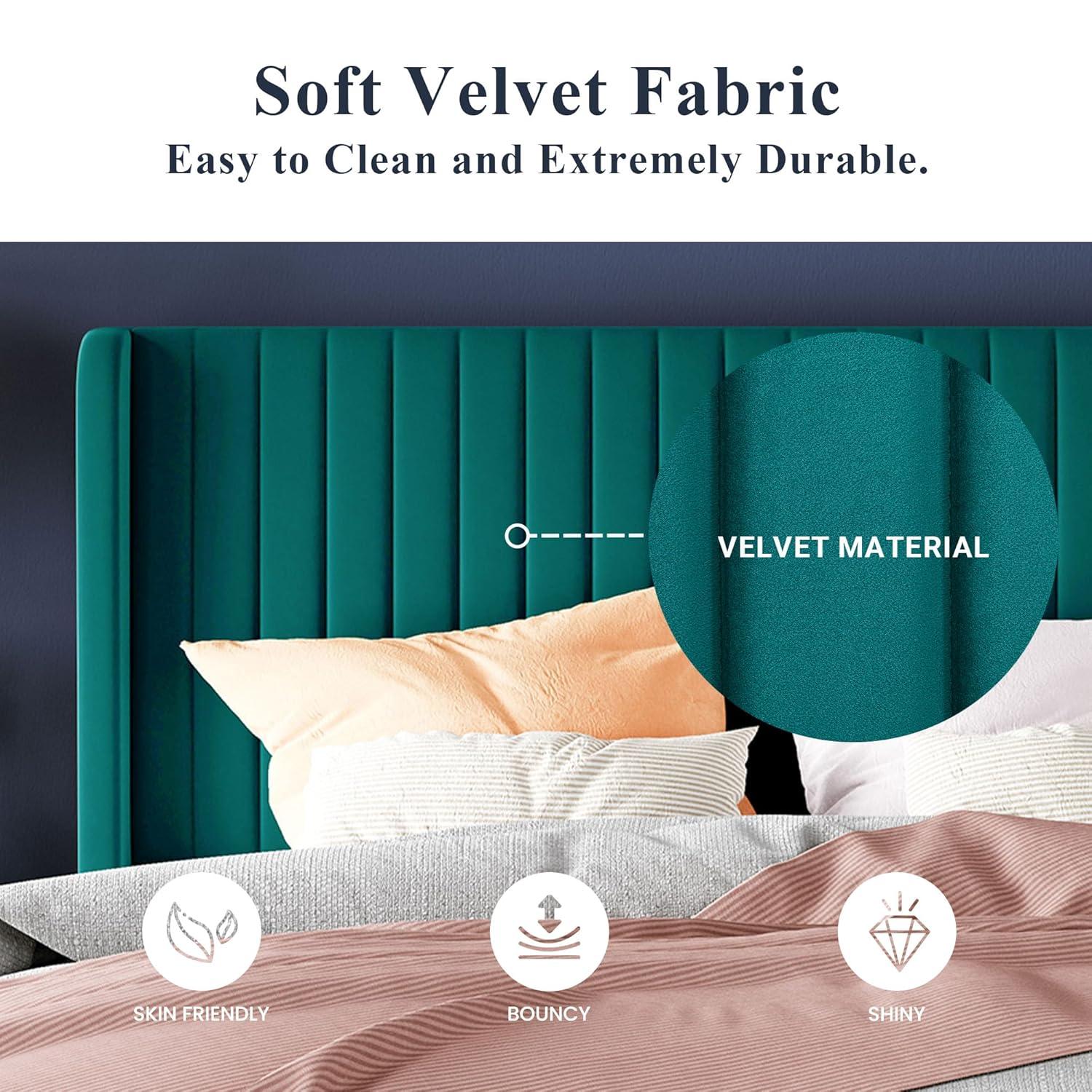 Candler Velvet Upholstered Platform Bed with Wingback Headboard and Wooden Slats