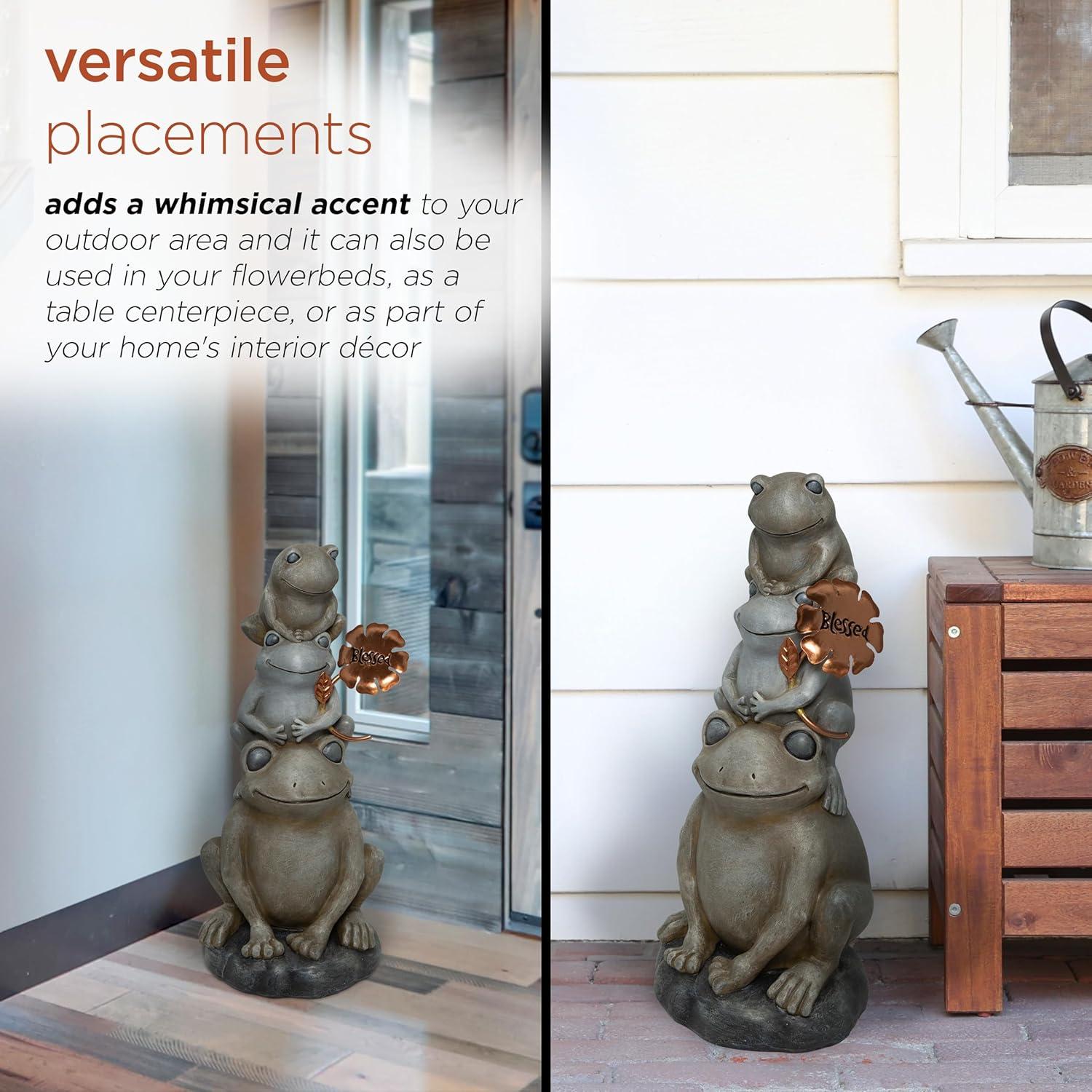 18" Polyresin Stacked Frogs with Flower Indoor/Outdoor Decorative Garden Statue Heathered Gray/Olive Green - Alpine Corporation