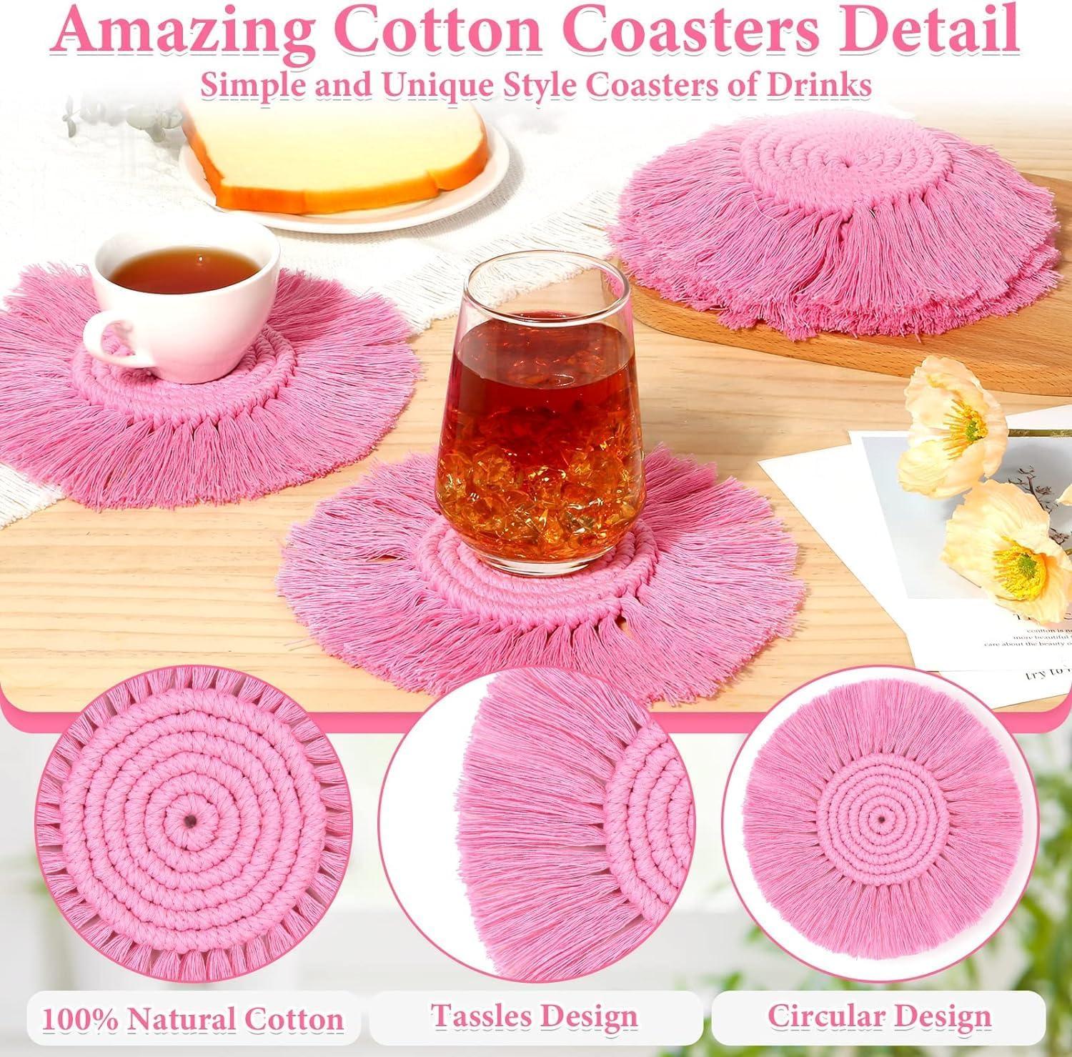 2 Pcs Macrame Boho Coasters for Drinks Absorbent Coasters with Tassel Farmhouse Handmade 7" Round Cotton Coasters for Desk Table Kitchen Office Home Bar Tabletop Protection Housewarming Gift, Pink