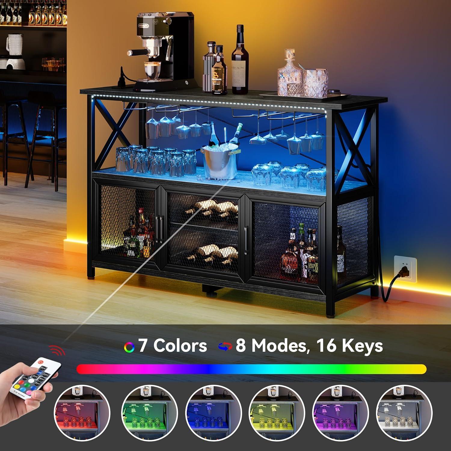 YITAHOME 55" Coffee Bar Cabinet with LED lights Power Outlets, Industrial Wine Bar Cabinet Home Bar Table with Wine Rack Storage Sideboard Buffet Cabinet for Living Room Kitchen Dining Room