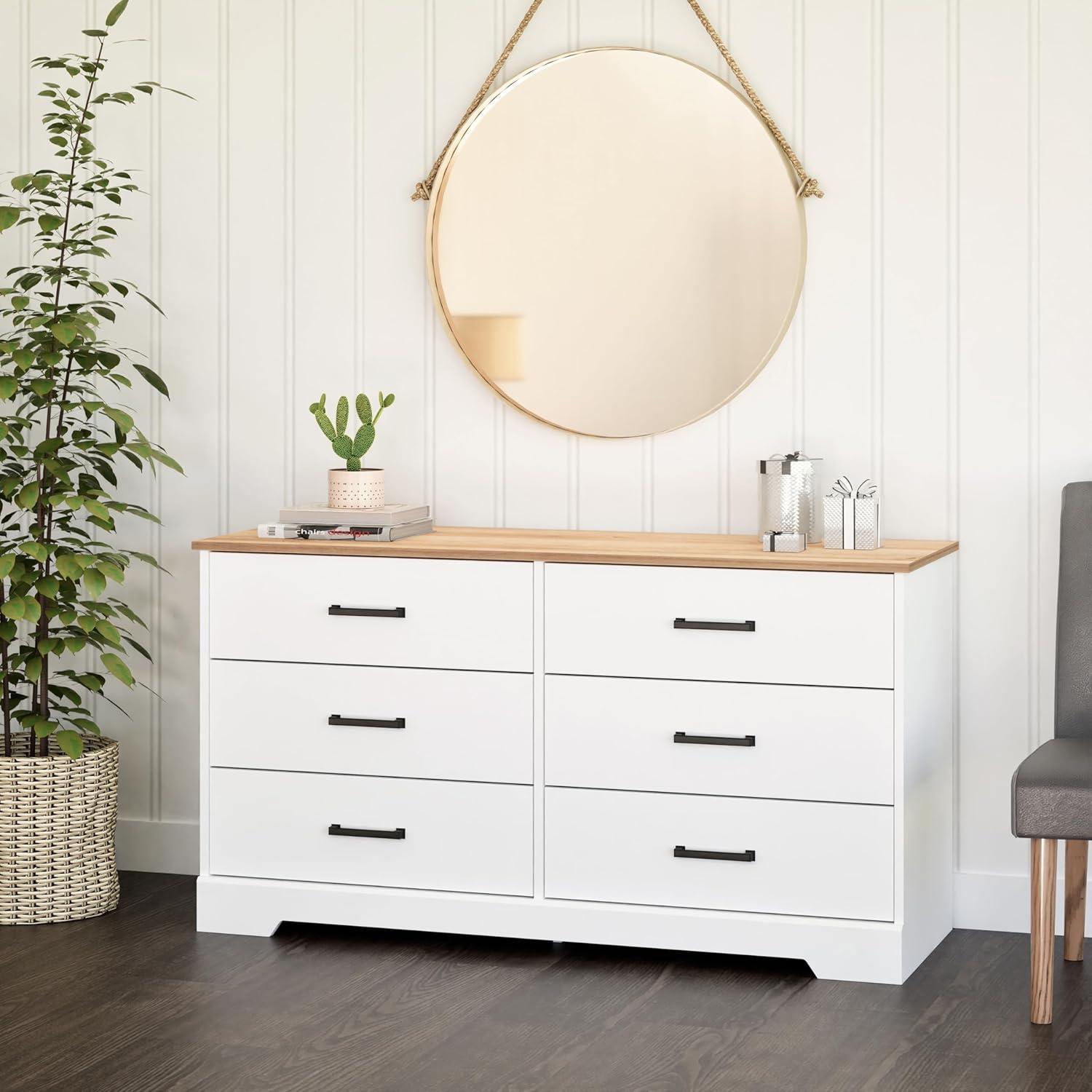 Rustic White and Oak Double Dresser with Six Drawers