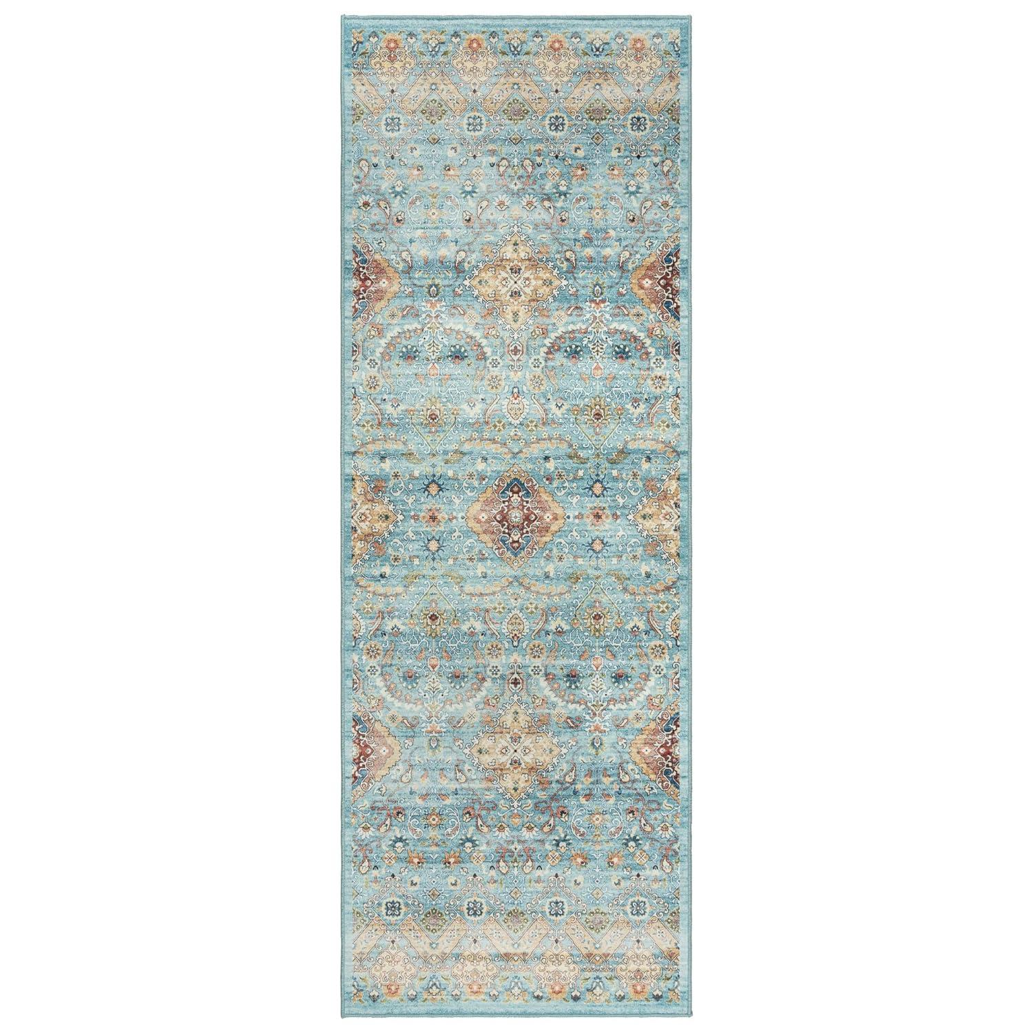 Gertmenian Crystal Print Tanis Sage Aqua Cream Multi Moroccan Bohemian Polyester Washable Flat Pile Indoor Area Rug