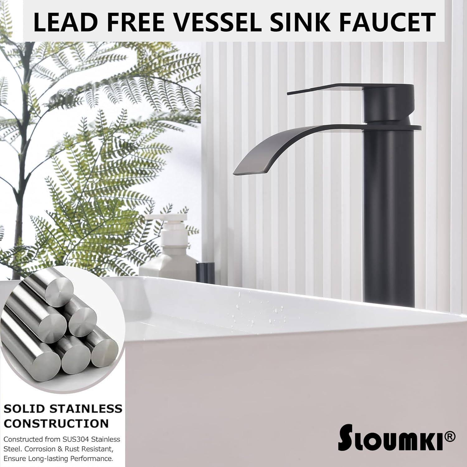 Waterfall Bathroom Faucet Single Handle，Bathroom Sink Faucet 1 Hole，Waterfall Faucet for Bathroom Sink，Vessel Sink Faucet Matte Black Tall Bathroom Faucet
