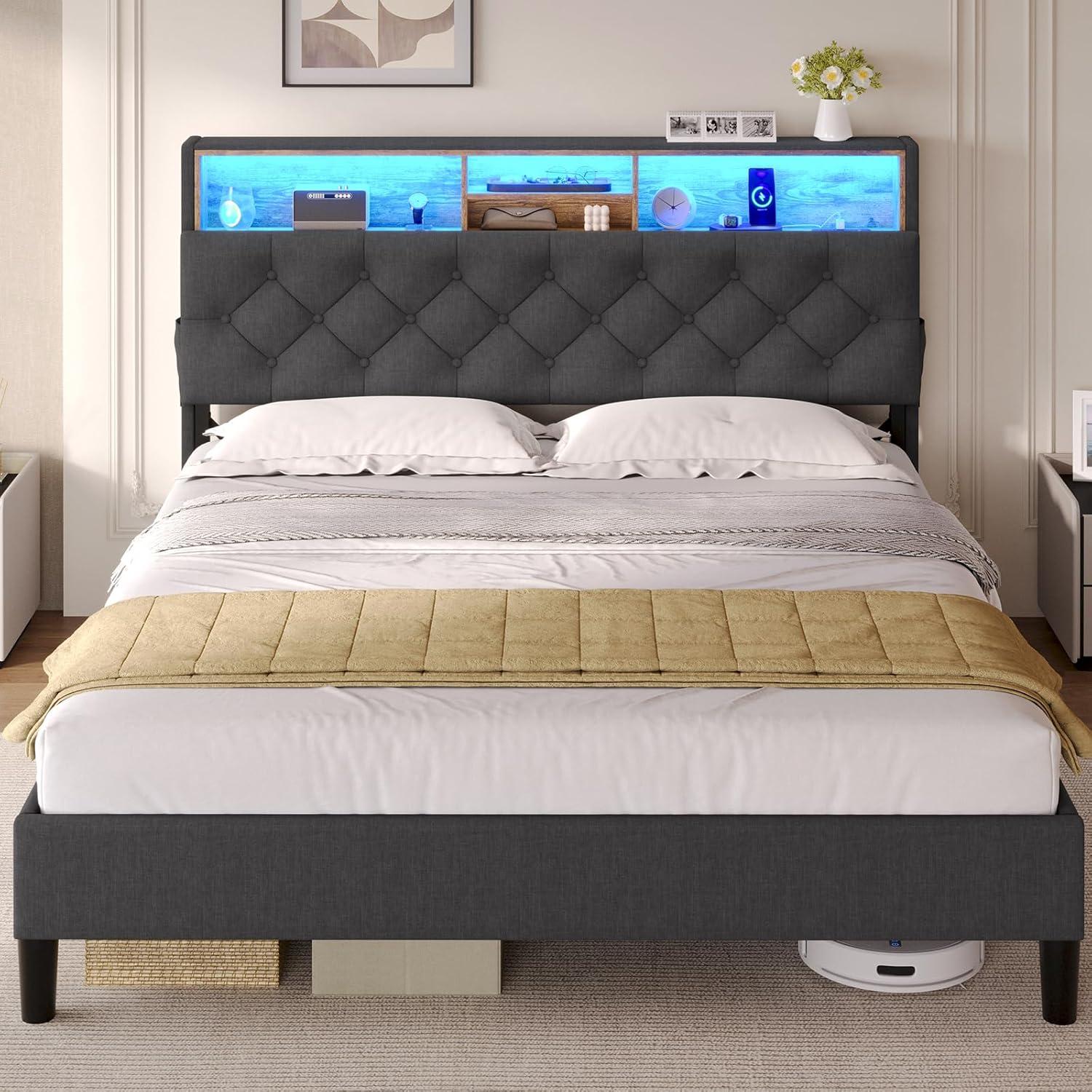 Full Size Dark Grey Upholstered Platform Bed with LED Storage Headboard