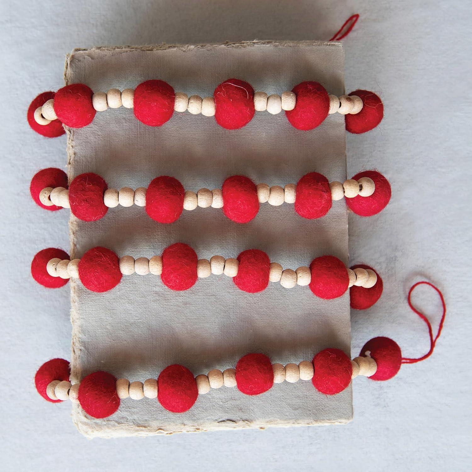 72" Red Wool Felt Ball and Wood Bead Garland