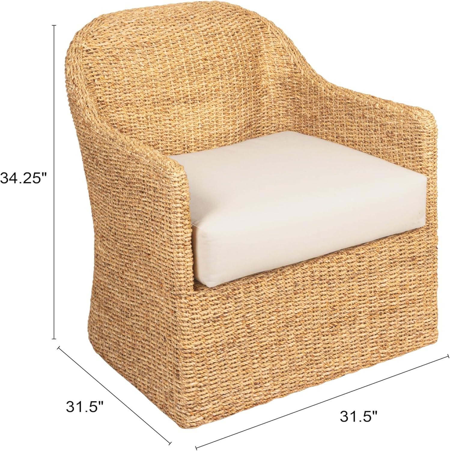 Natural and Cream Woven Water Hyacinth and Acacia Wood Outdoor Lounge Chair with White Cushion