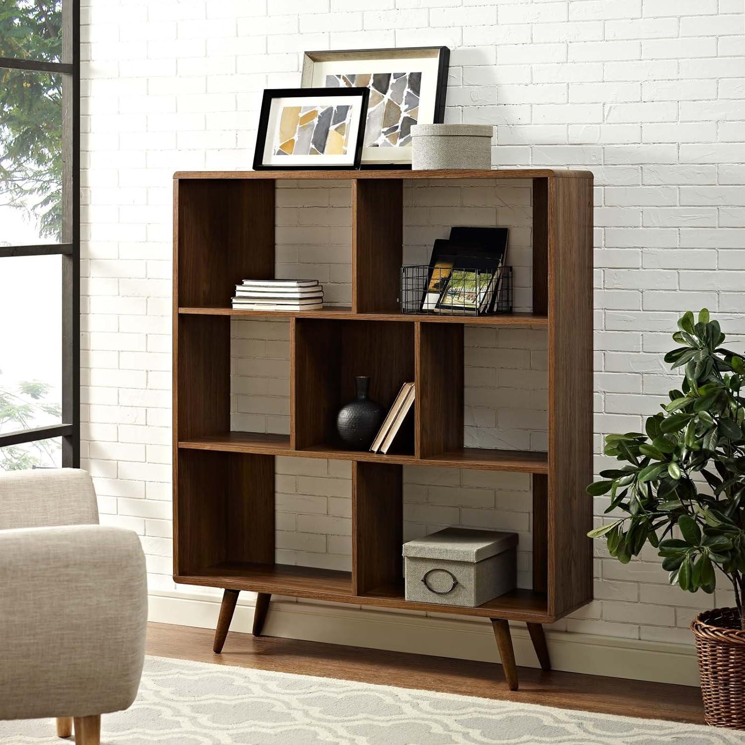 Walnut Grain Corner Bookshelf with Offset Cubes - 45"x52.5"