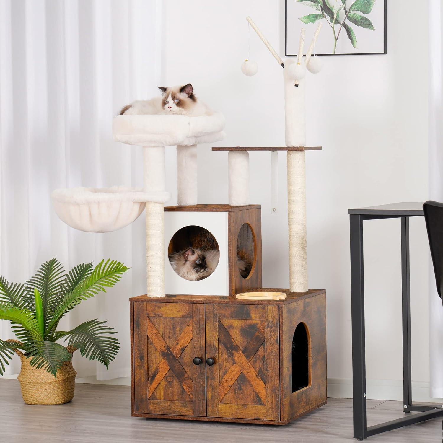 Wood Litter Box Enclosure with Food Station, All-in-one Indoor Cat Furniture with Large Platform and Condo