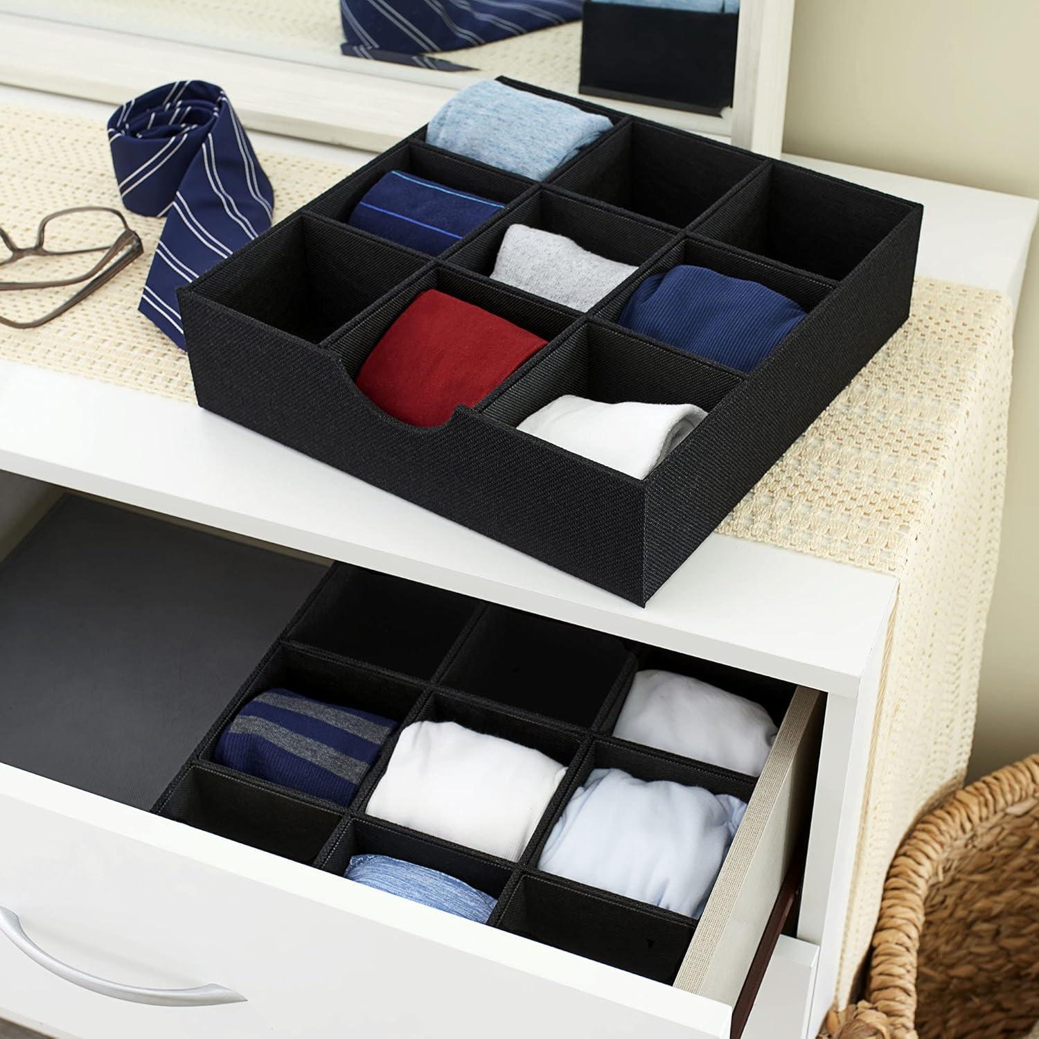 Household Essentials 9-Compartment Drawer Organizers, Pack of 2, Sturdy Chipboard With Soft Polyester Cover, Convenient and Stylish Storage Solution, 3” H x 12” W x 12” D, Black Linen
