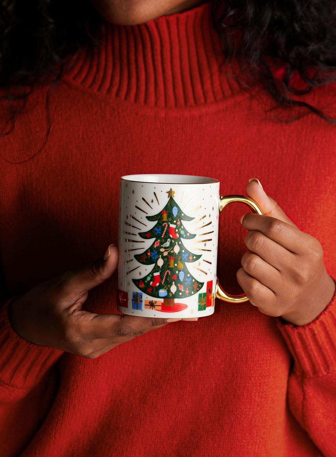 Festive Multicolor Ceramic Holiday Tree Mug with Gold Accents