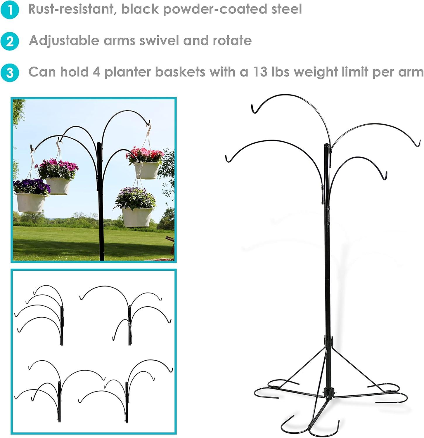 Sunnydaze 4-Arm Garden Hanging Basket Flower Plant Stand with Adjustable Arms - 84" - Black