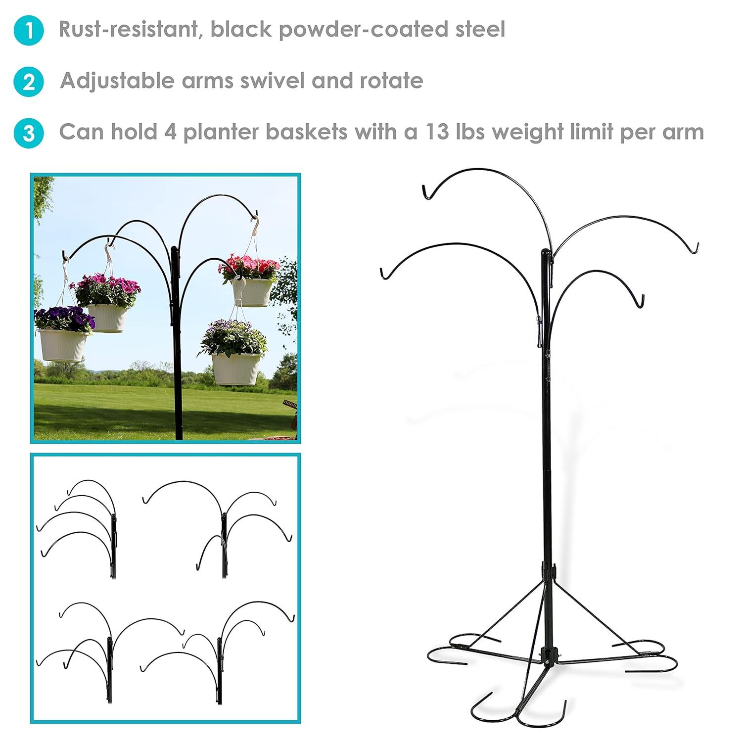 Sunnydaze 4-Arm Garden Hanging Basket Flower Plant Stand with Adjustable Arms - 84" - Black