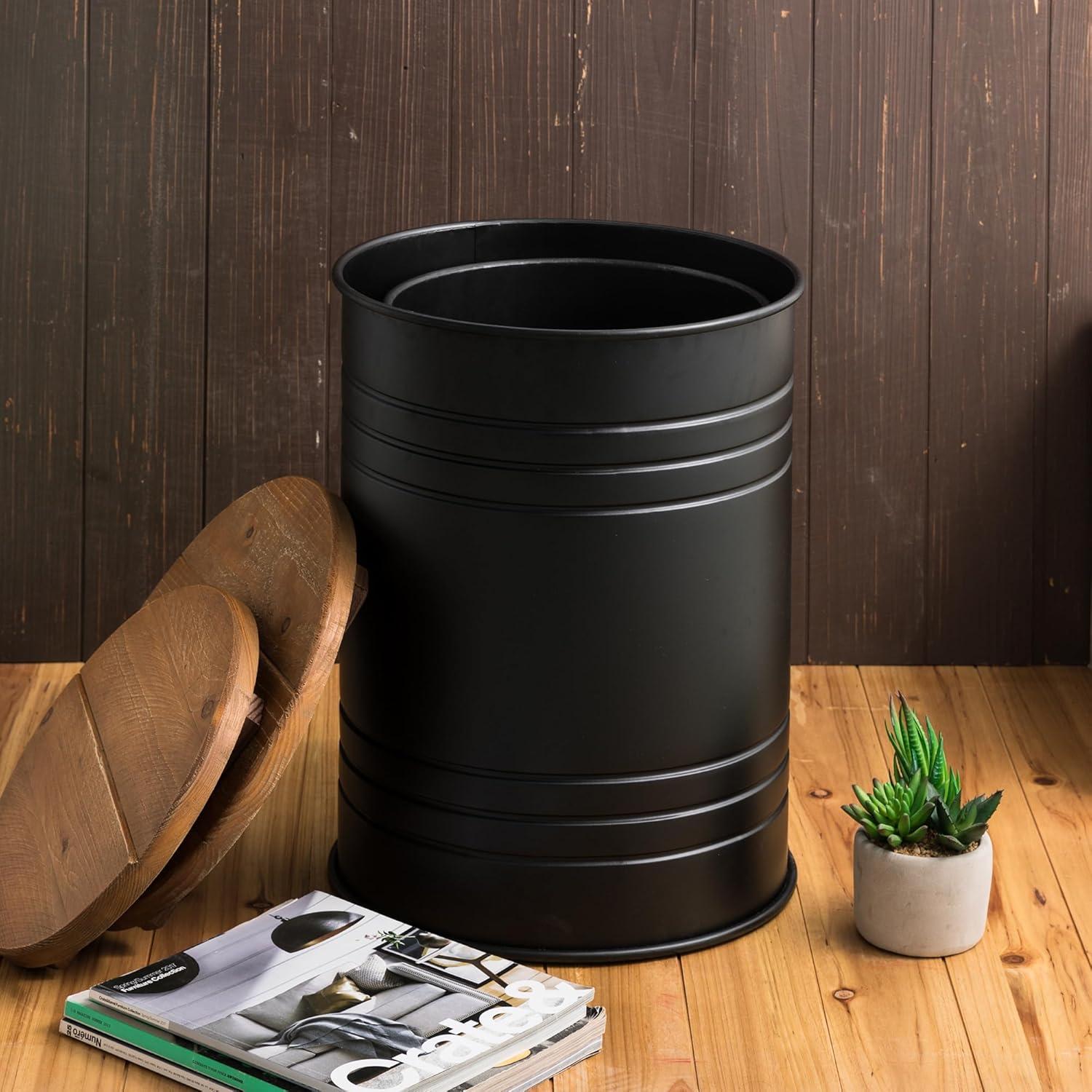 Rustic Storage Ottoman Seat Stool, Farmhouse Accent Side Table, Antique Galvanized Metal End Table Box Bin with Round Wooden Lid Set of 2 (Black)