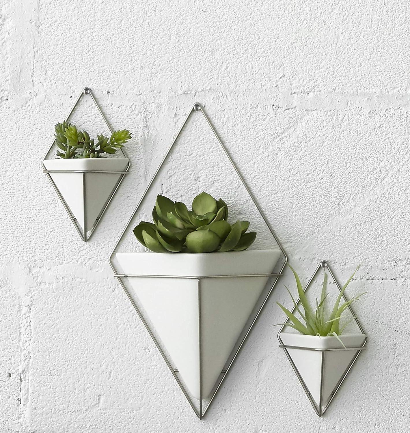 Umbra Trigg Ceramic Hanging Planter Wall Décor Set of 2 White Nickel