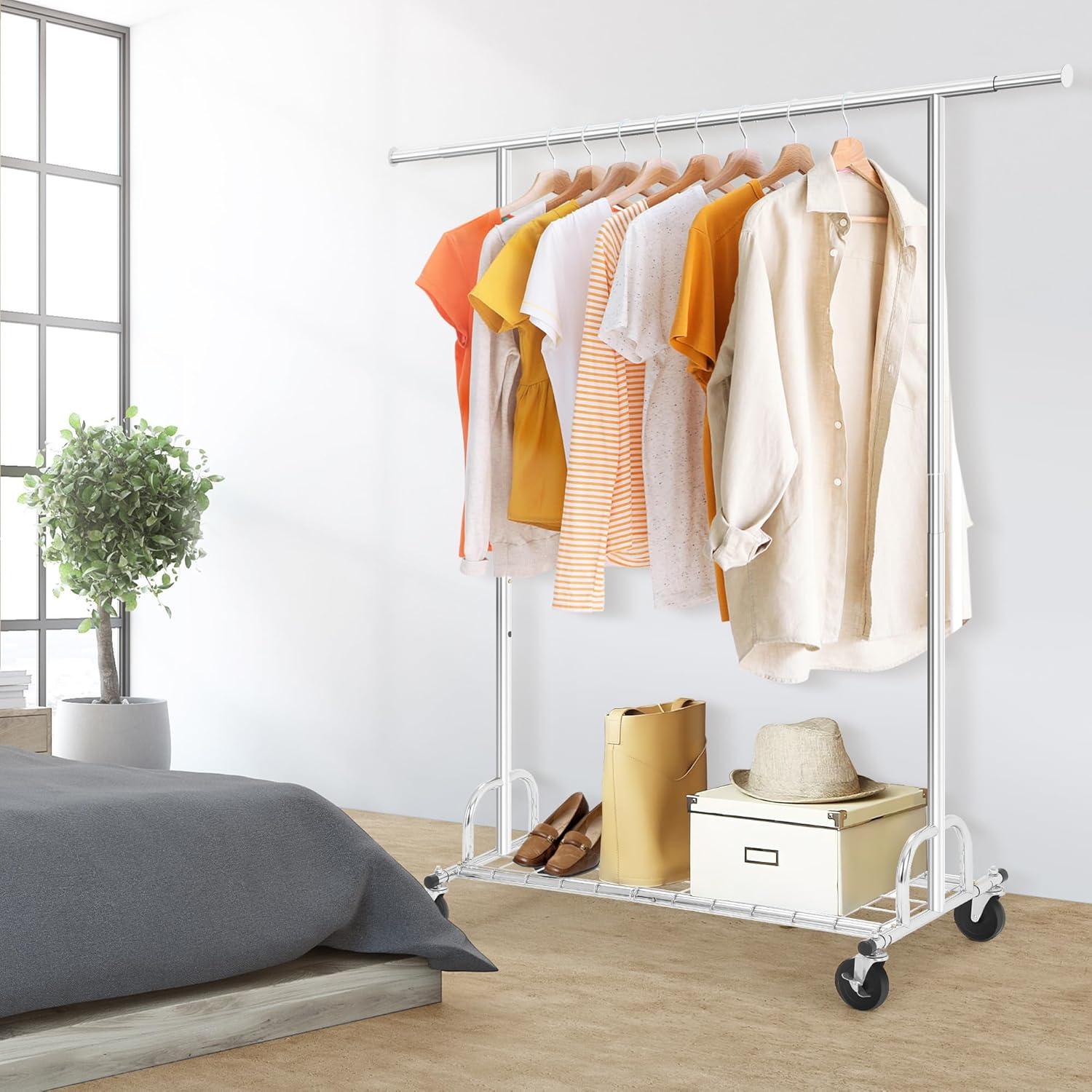 Chrome Heavy Duty Rolling Garment Rack with Shelves