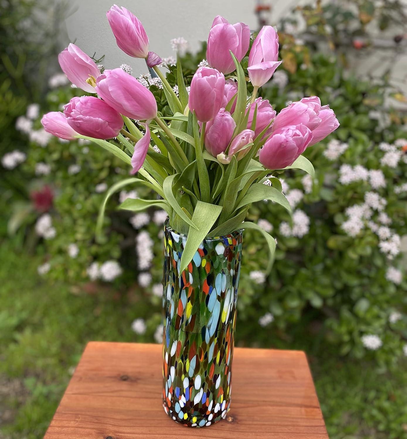 Dos Sueños Mexican Hand Blown Glass Vase (11.5" x 4") – Confetti Carmen Colorful Flower Vase, Centerpiece, Cylinder Vase