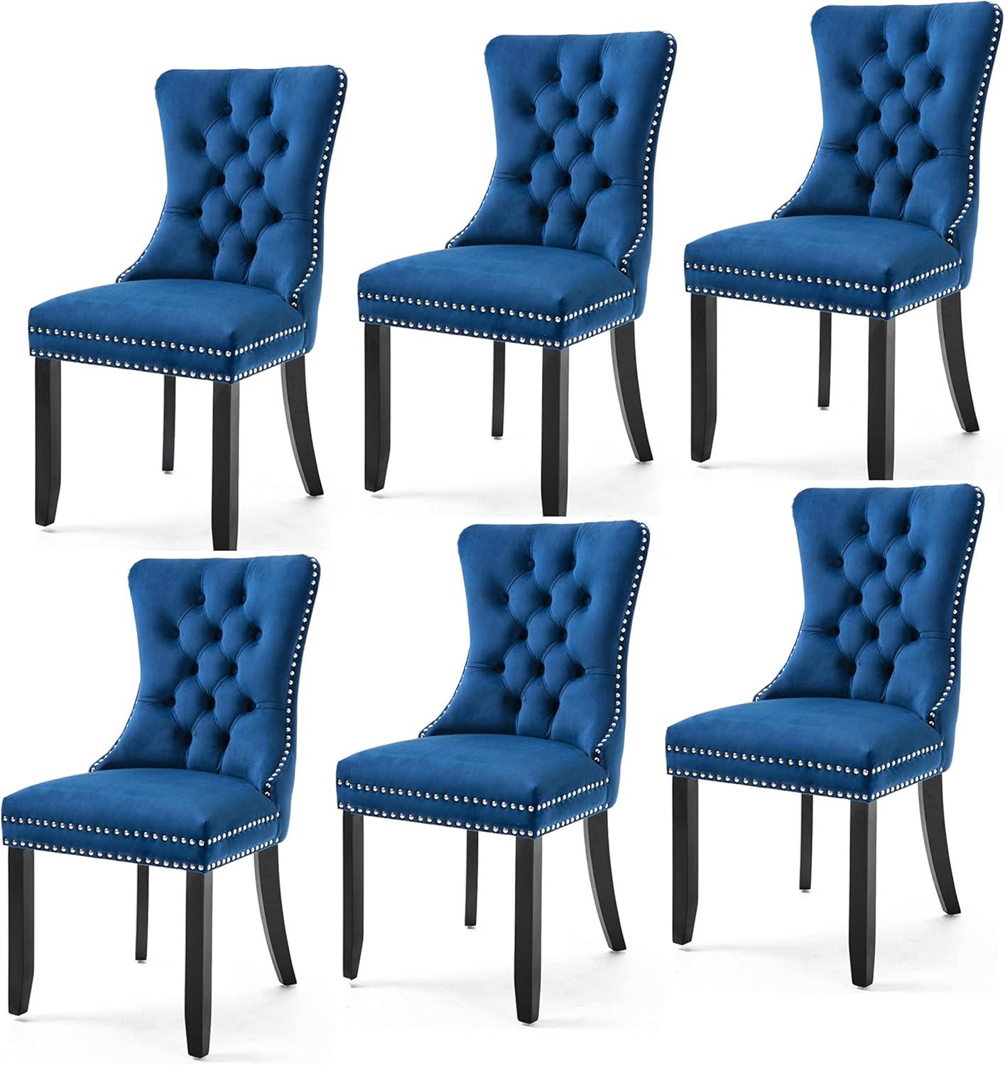 Rhomtree Glam Wood Solid Print Dining Side Chairs, Blue (Set of 6)