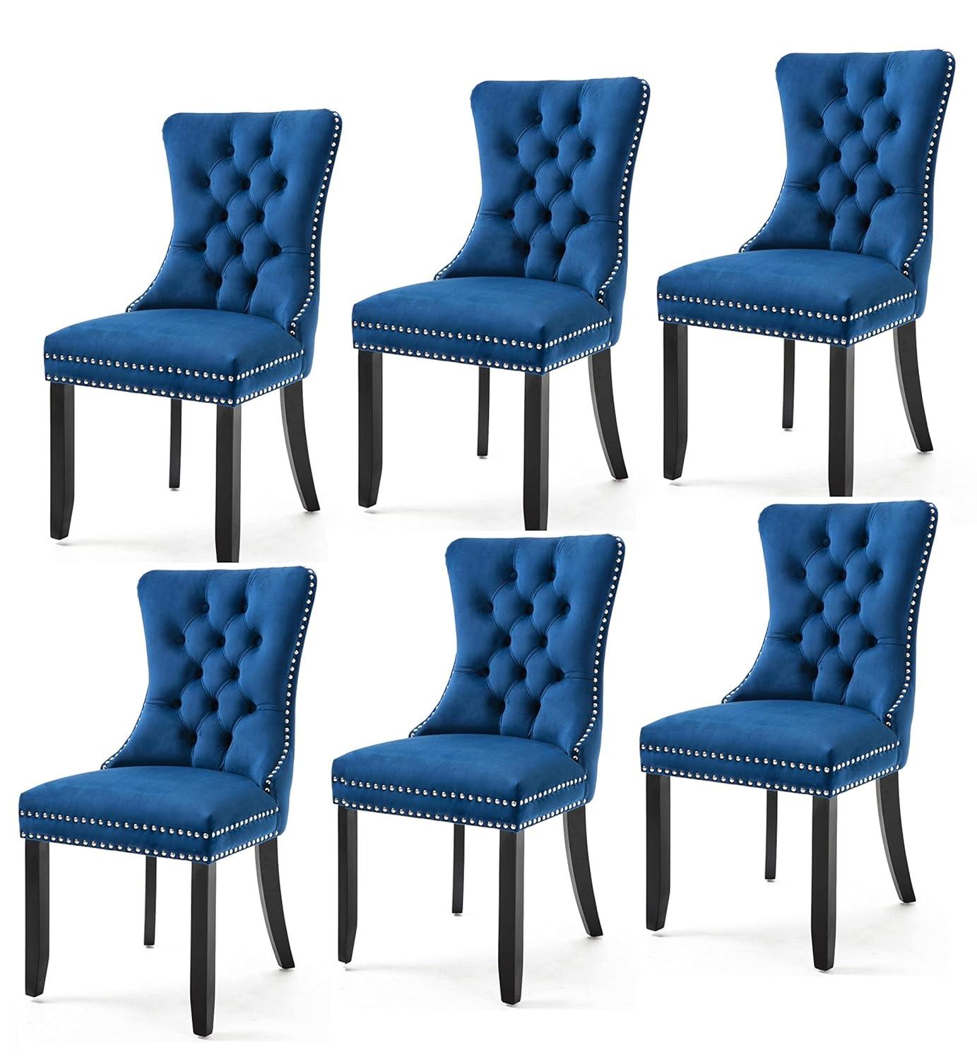 Rhomtree Glam Wood Solid Print Dining Side Chairs, Blue (Set of 6)