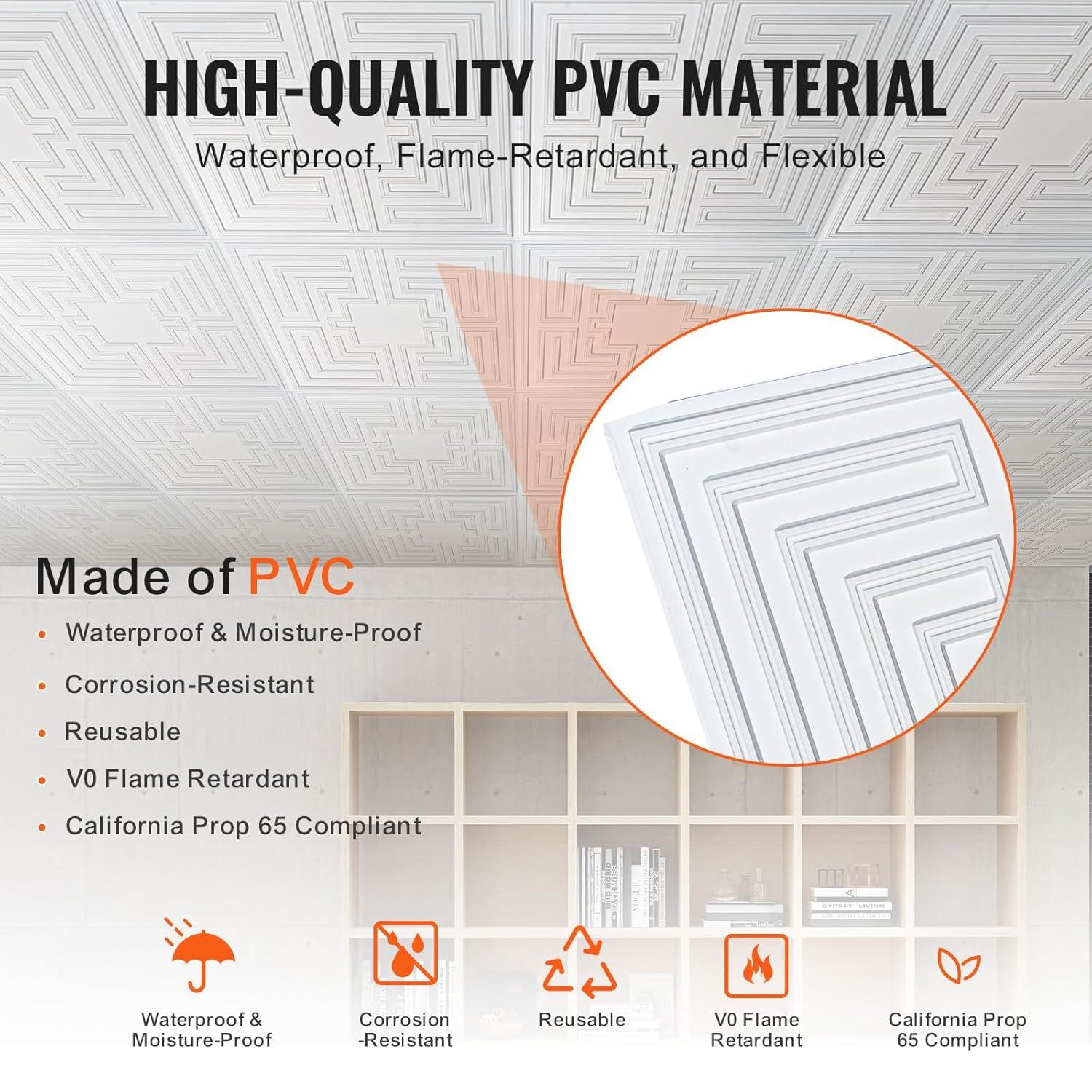 VEVOR Ceiling Tiles 12-Pack 24 x 24 in PVC Easy Installation White Echo Pattern (Set of 12)