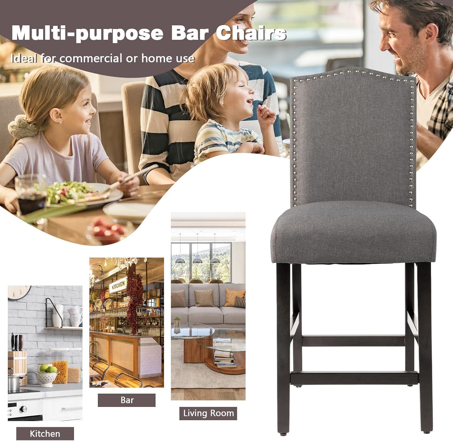 Costway Set of 2 Upholstered Bar stools 25''  Counter  Height Chairs with Rubber Wood Legs Grey