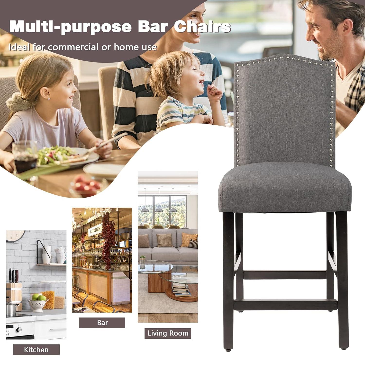 Costway Set of 2 Upholstered Bar stools 25''  Counter  Height Chairs with Rubber Wood Legs Grey
