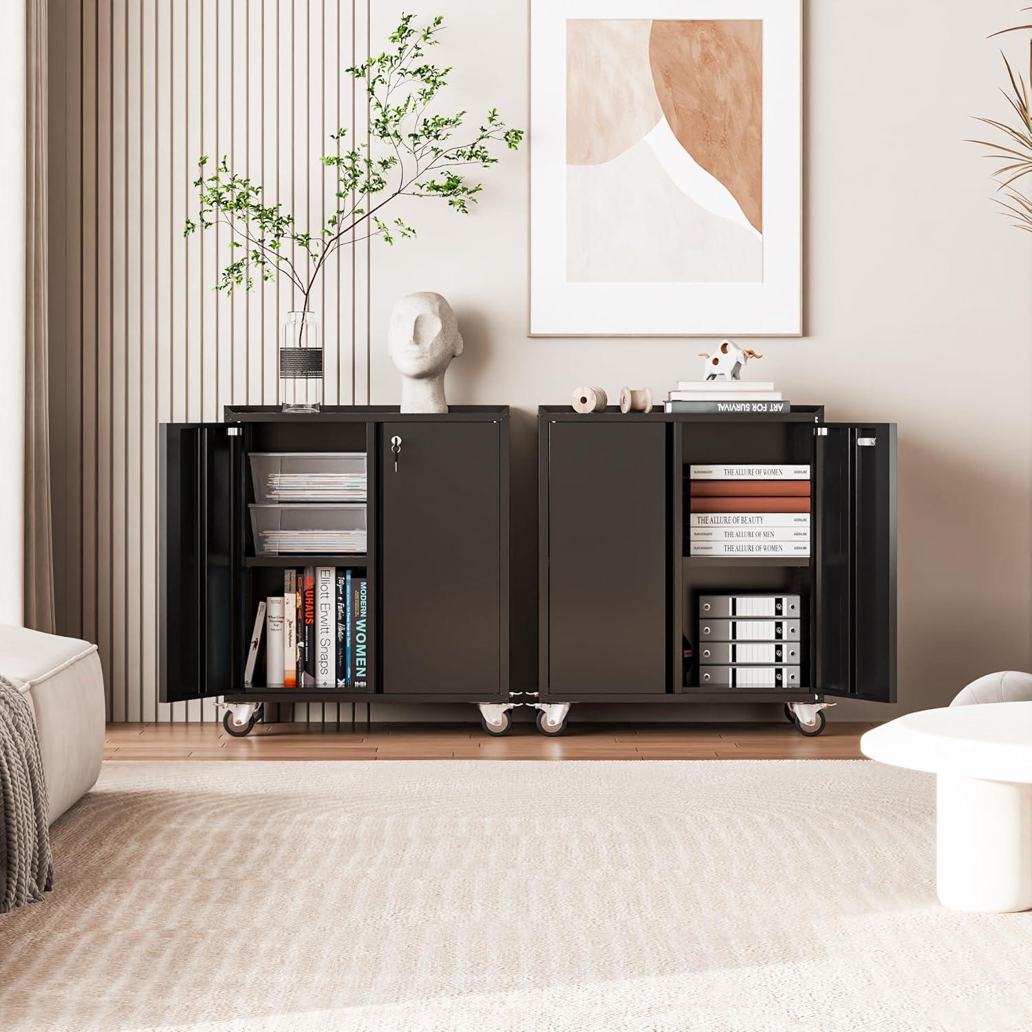 AOBABO 72 Inch Locking Metal Garage Home Office Storage Cabinet with Universal Rubber Wheels/Lockable Casters and Magnetic Doors, White