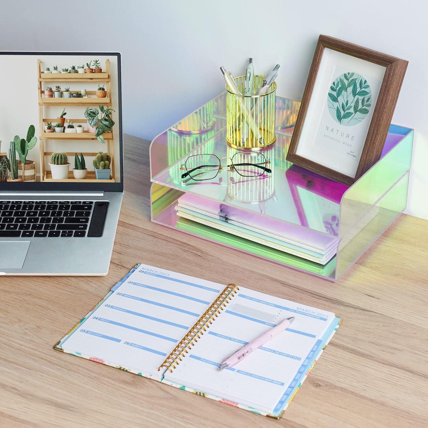 Acrylic Letter Tray 2-Tier Iridescent Stackable Desk Paper Tray Organizer and Office Accessories Supplies, Rainbow Letter Size Desk Accessories Storage Organization (Portrait)