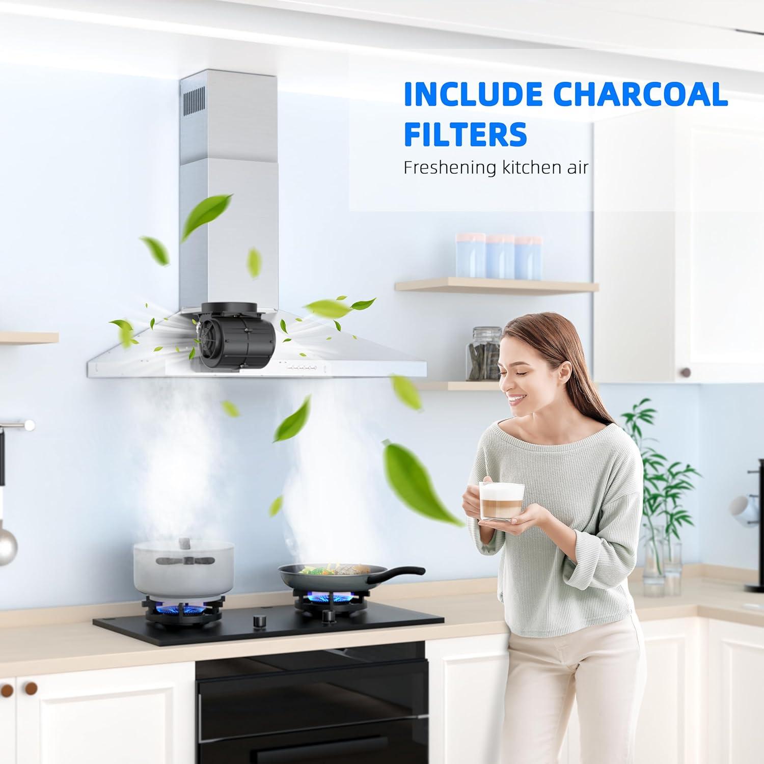 FIREGAS Range Hood 30 inch Wall Mount Type with Ducted/Ductless Convertible, 450 CFM Stainless Steel Chimney-Style Kitchen Hood, Over Stove Vent Hood with 3 Speed Fan, LED Light, Charcoal Filters