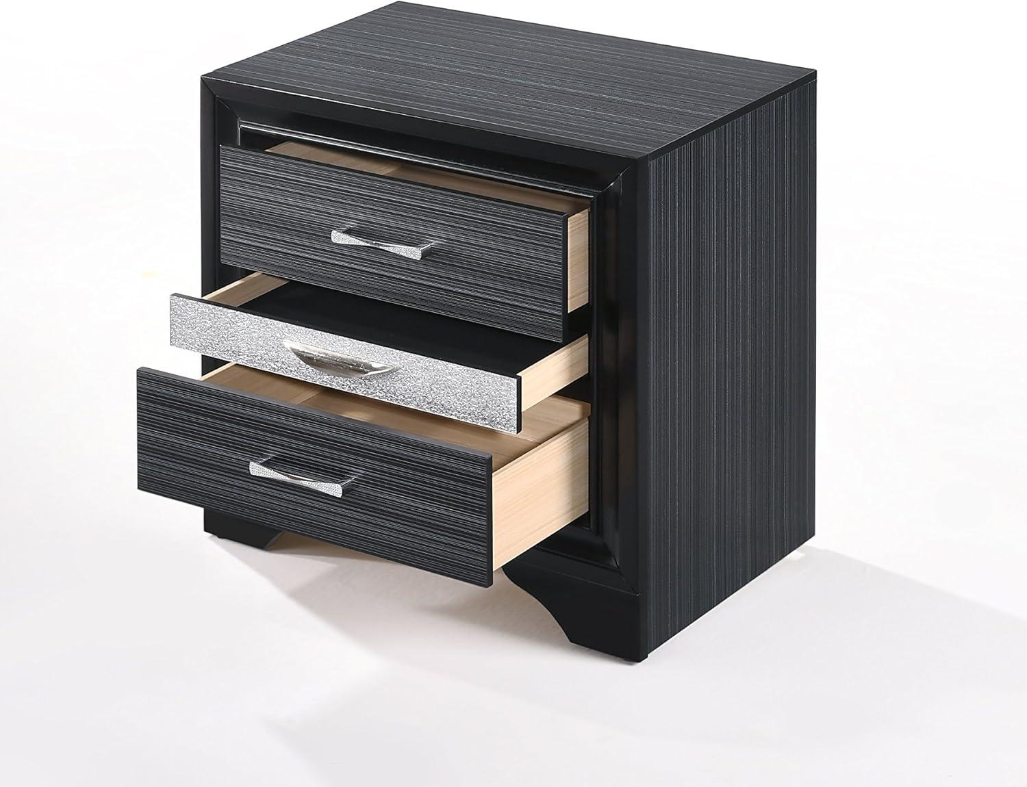 Elegant Glossy Black 3-Drawer Nightstand with Crystal Inserts