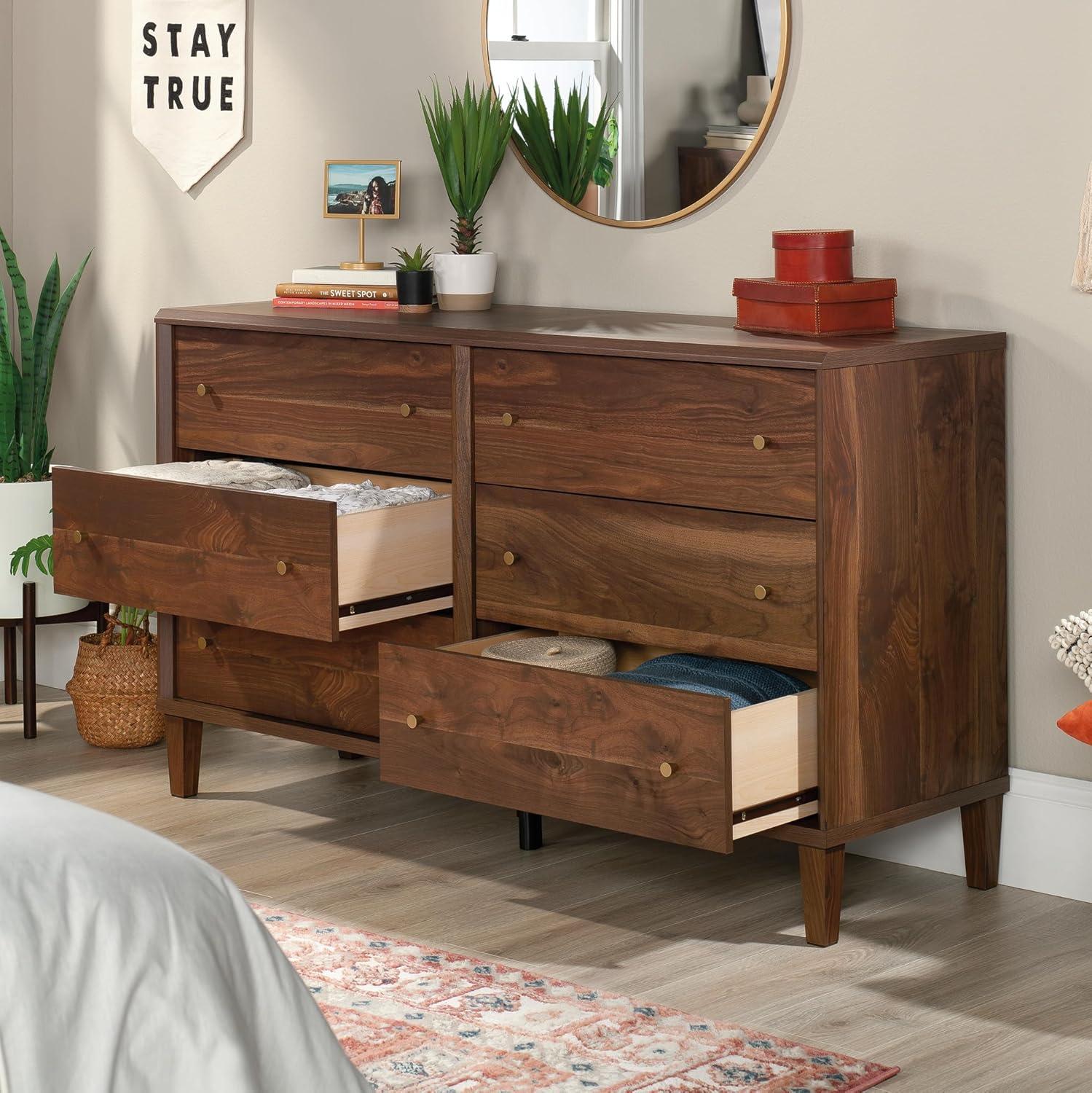 Grand Walnut Mid-Century Modern Double Dresser with Mirror