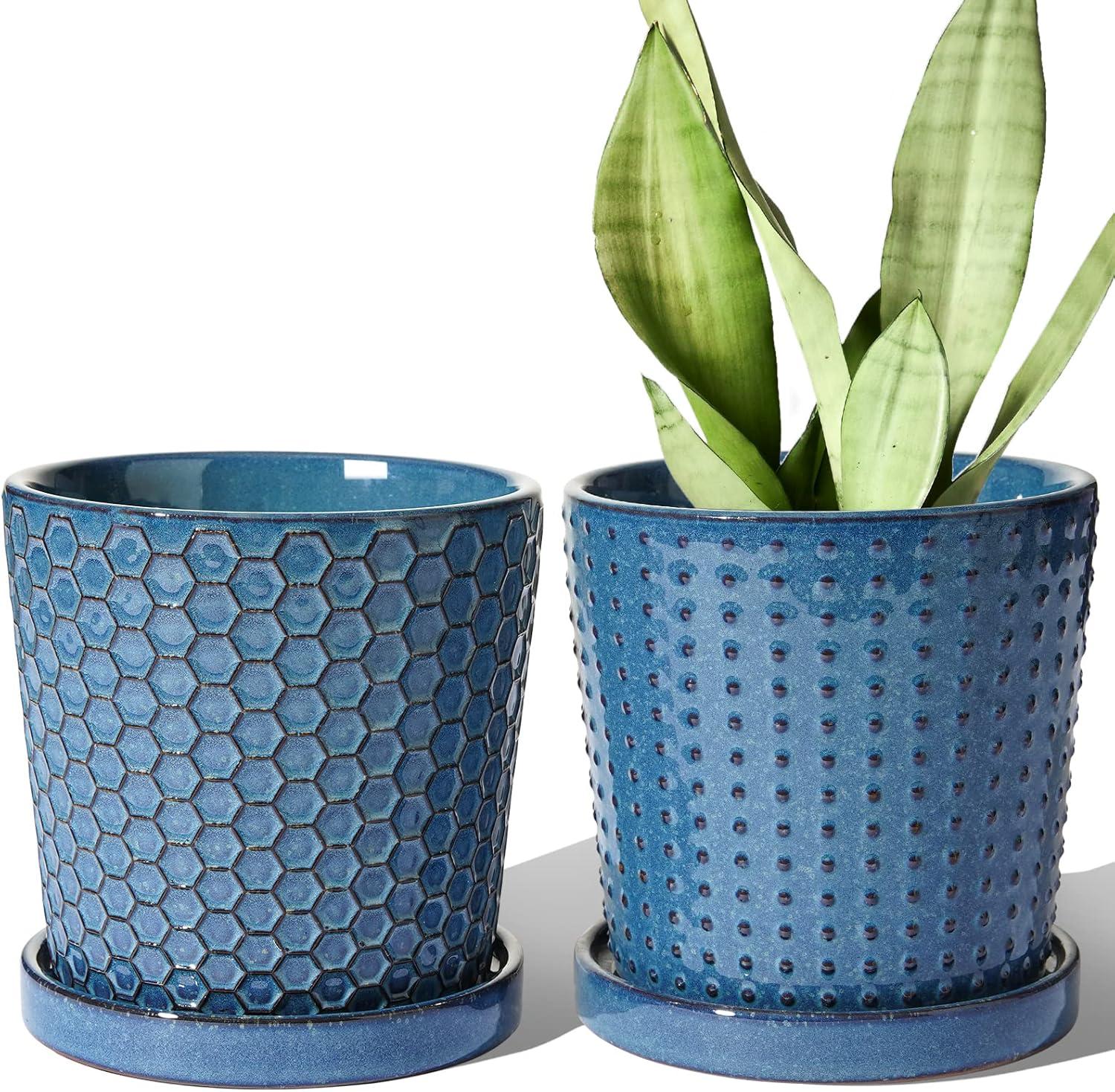 BEMAY 5.5" Plant Pots, Ceramic Indoor Planters with Drainage and Tray, Set of 2 Flower Pots for Succulent,Plants, Reactive Glaze Blue