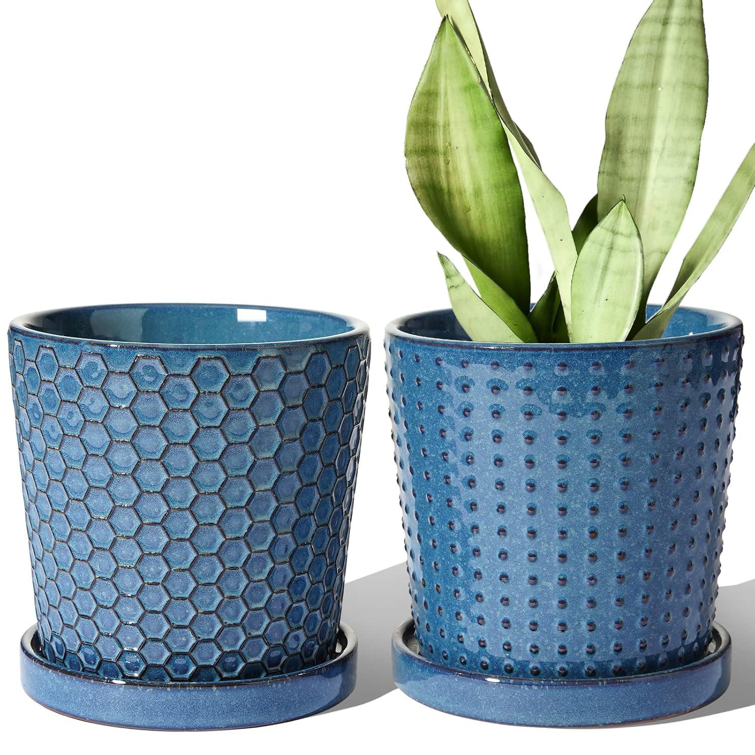 BEMAY 5.5" Plant Pots, Ceramic Indoor Planters with Drainage and Tray, Set of 2 Flower Pots for Succulent,Plants, Reactive Glaze Blue