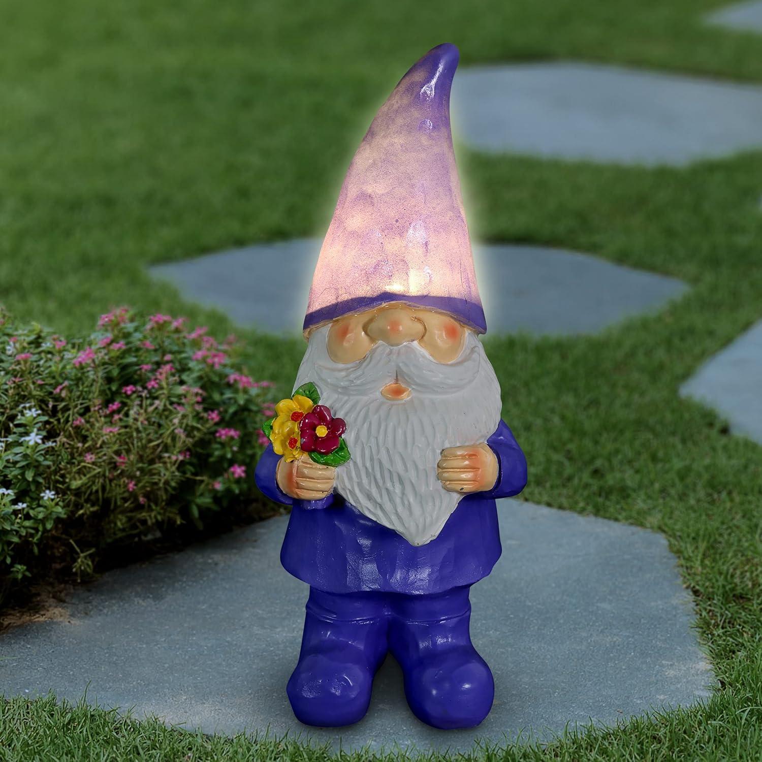 Exhart Solar Woodland Garden Gnome with Flower Bouquet Statuary, 11 Inch